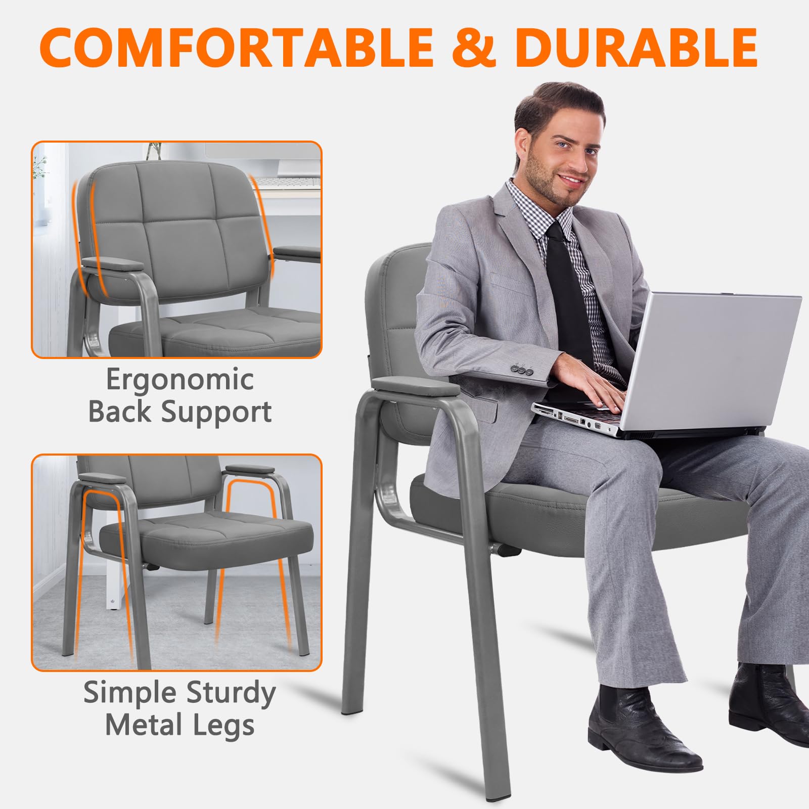CLATINA Big & Tall 500 lbs Leather Office Reception Chair No Wheels with Padded Arms, Waiting Room Guest Chair for Elderly Home Desk Conference Room Lobby Side Salon Clinic, Black