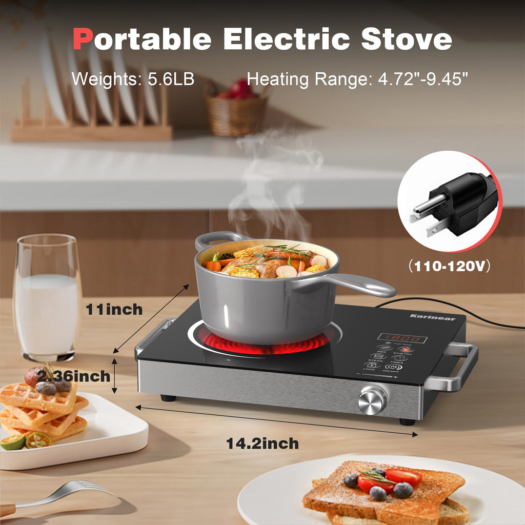 Karinear Portable Electric Stove 110V, 1800W Electric Hot Plate with Handle, Knob Control Single Burner Electri Cooktop, Ceramic Infrared Countertop Burner, Timer, Safety Lock(Green)