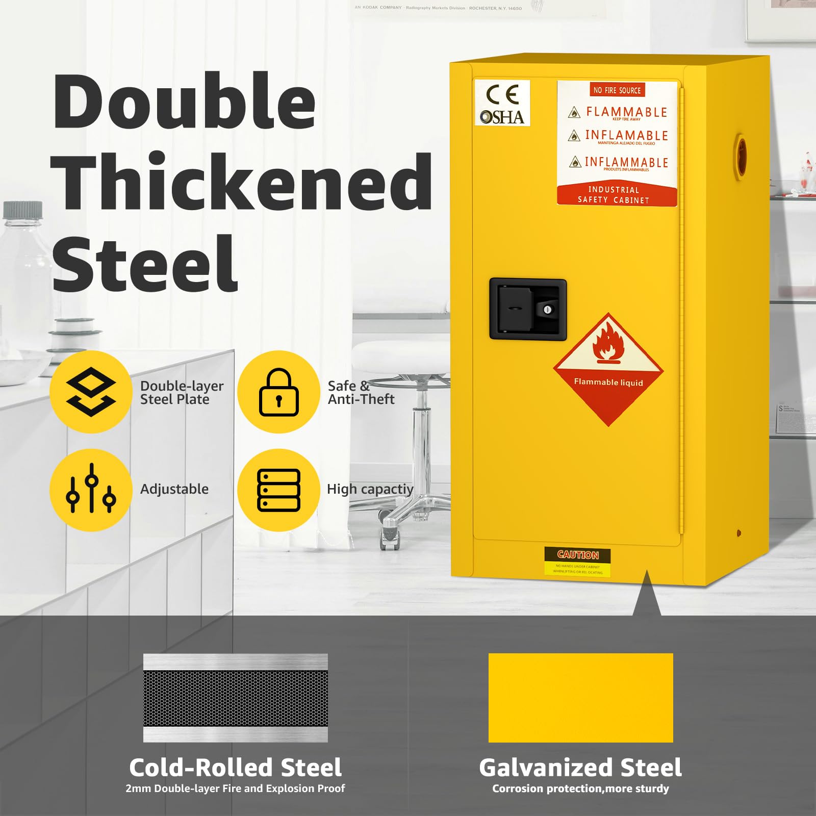 16 Gallon Flammable Storage Cabinet 18"x18"x23", Galvanized Steel, Flammable Safety Cabinet with Adjustable Shelf, for Industrial and Home Use, Yellow