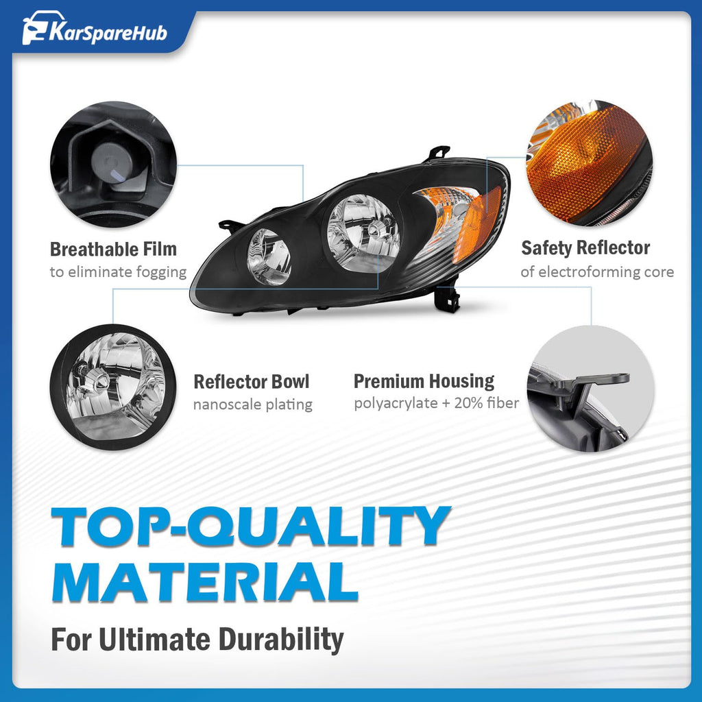 Headlights Assembly for 2003-2008 Toyota Corolla Headlamp Replacement Clear Lens Chrome Housing Amber Reflector Driver & Passenger Side