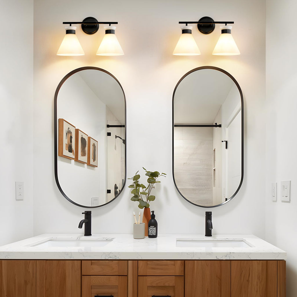 WOSHITU Gold Bathroom Light Fixtures: Modern Vanity Lighting Fixtures 2 Lights for Bathroom Mid Century Vanity Light Sconces Over Mirror with Frosted Milky Glass for Bath Bedroom Makeup