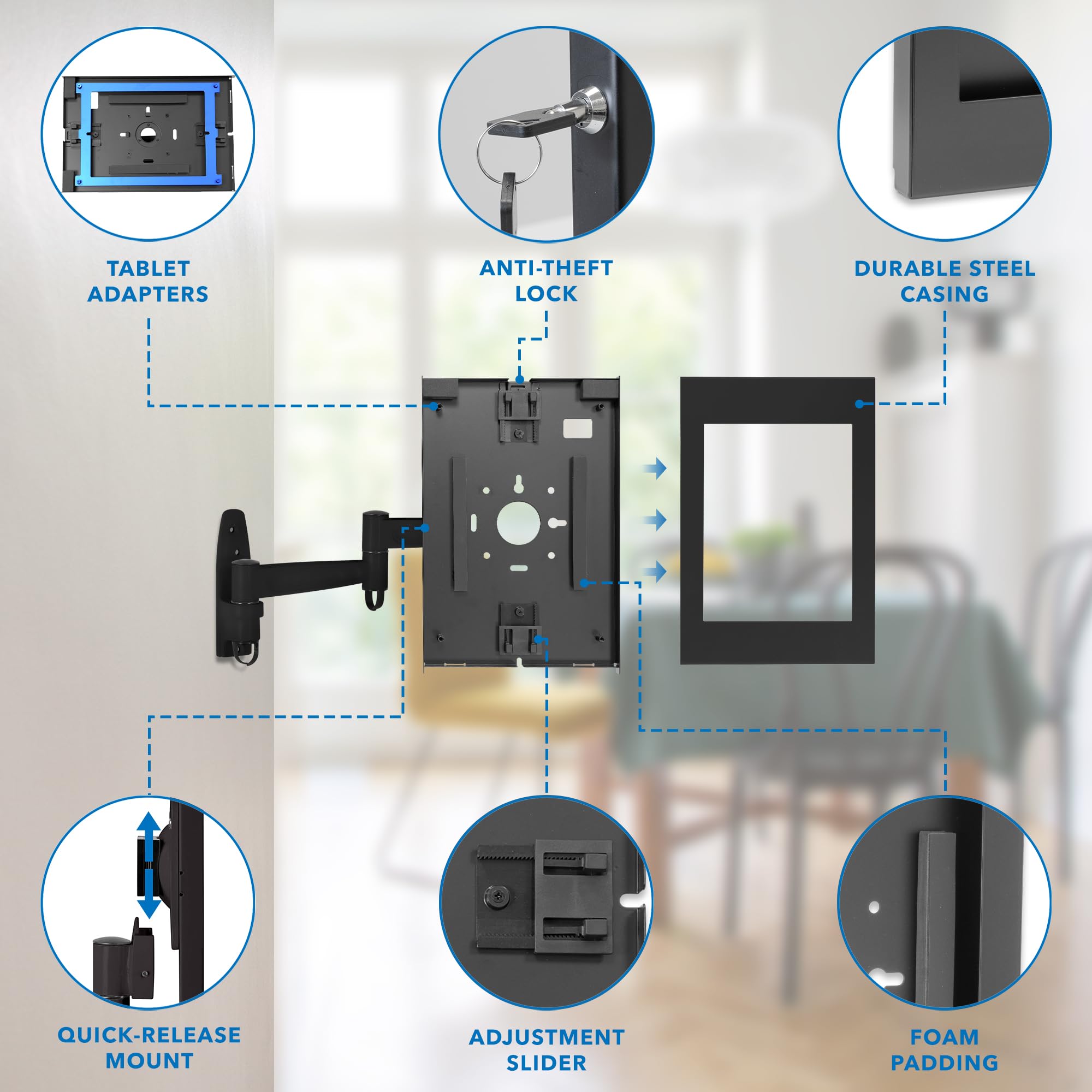 Mount-It! Anti-Theft Tablet Wall Mount with Swing Arm for iPad, iPad Air, iPad Pro | Lockable, Tamper-Proof Design, Full Motion Tilt, Swivel, Rotation, VESA 75x75 for Office, Retail, Black