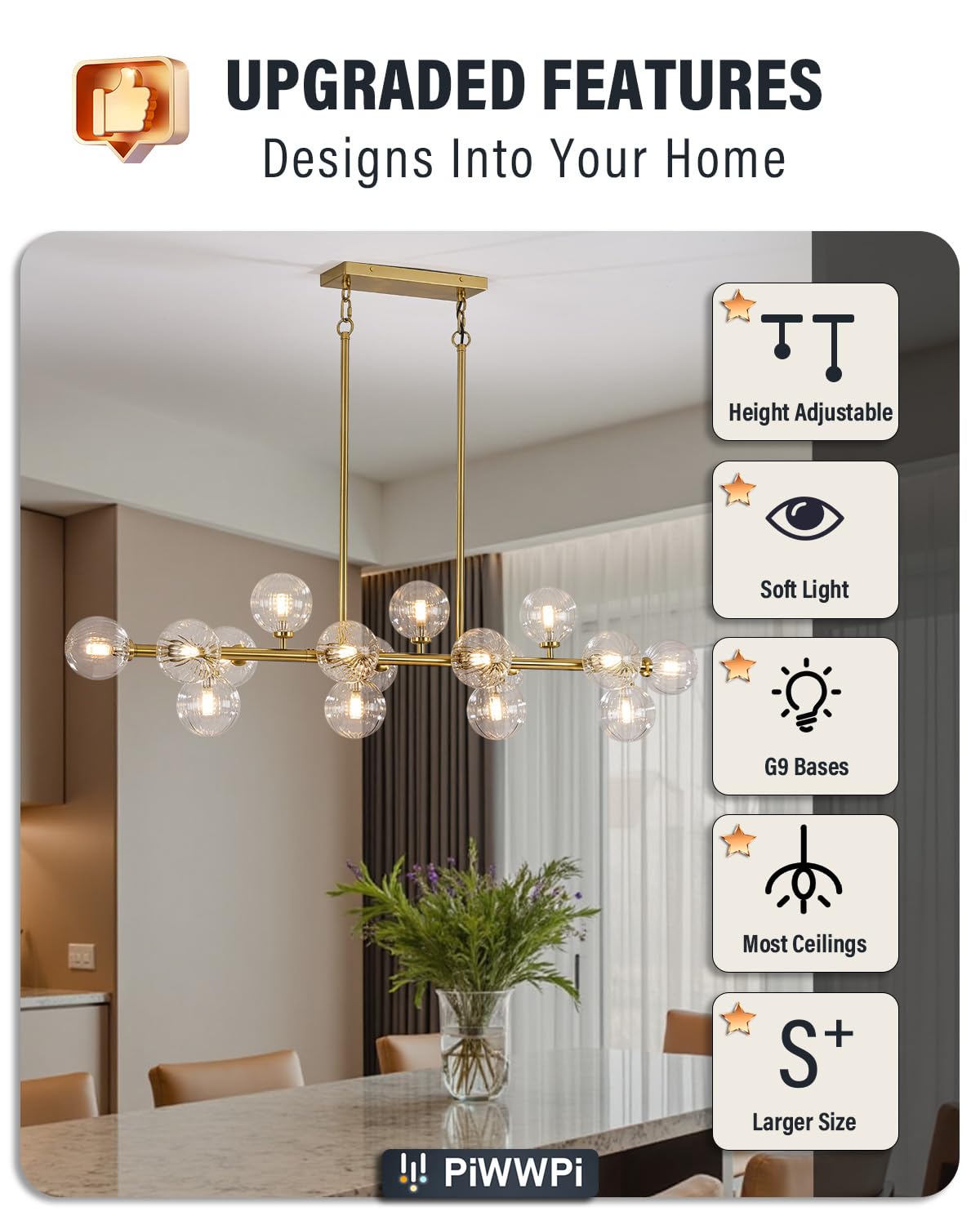Modern Linear Chandeliers for Dining Room, 8-Light Globe Sputnik Pendant Ceiling Light, Black Dining Room Light Fixture Over Table, Mid Century Glass Milk White Bubble, 31.5 Inch, GC-09