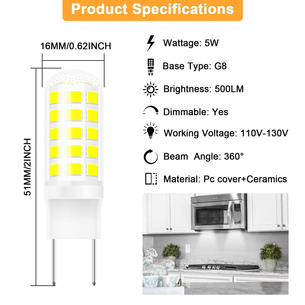 G8 LED Bulb 3W, WB25X10019 Halogen Bulb 20W Replacement for GE Microwave Oven Light, T4 JCD Type G8 Bi-Pin Base, 120 Volt, Daylight White 6000K, 2-Pack