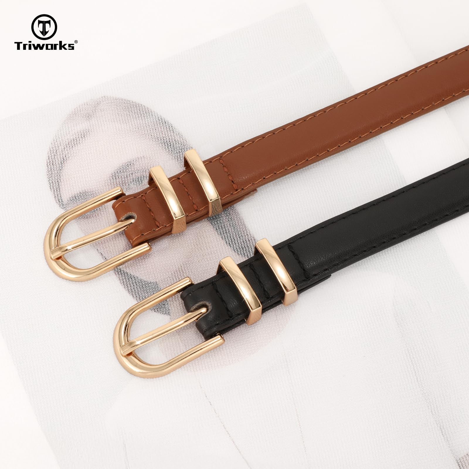 TRIWORKS 2 Pack Women Skinny Leather Belts for Jeans Pants Thin Faux Leather Belt with Gold Buckle