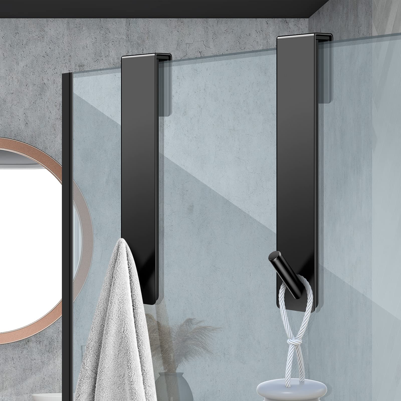 Kontoyo Shower Door Hooks(7.5 Inch),Extended Over Door Hooks for Bathroom Frameless Glass Shower Door,Stainless Steel Towel Hooks,Heavy Duty Rack Hooks for Robe,Towel-2 Pack-Black