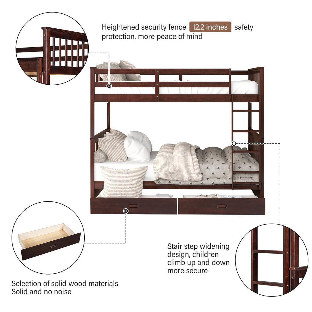 Merax Wood Bunk Bed with Two Drawers,Convertible Wood Bunk Bed with Ladders and Two Storage Drawers,Solid Wood Detachable Bed Frame with Ladders, Twin Over Full Size, Espresso