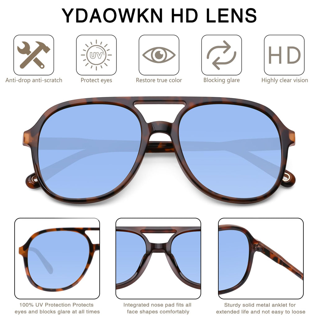 YDAOWKN Retro Square Aviator Sunglasses for Womens Mens Vintage 70s Double Bridge Sun Glasses