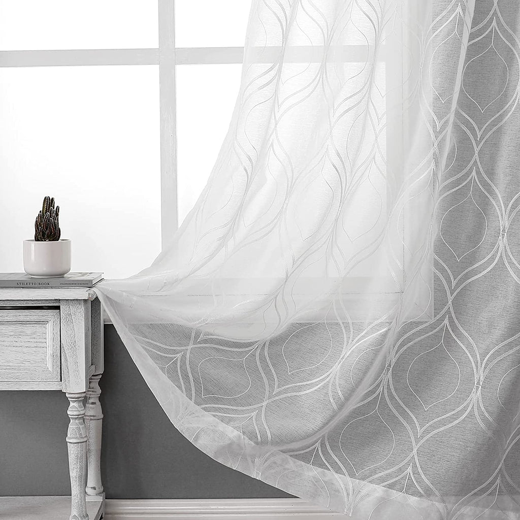 VISIONTEX Sheer Curtains 63 Inches Long 2 Panels Set, Beige and Ivory Moroccan Embroidery Texture Geometric Rod Pocket White Voile Tulle Semi Window Treatment Pair for Bedroom, W54 x L63