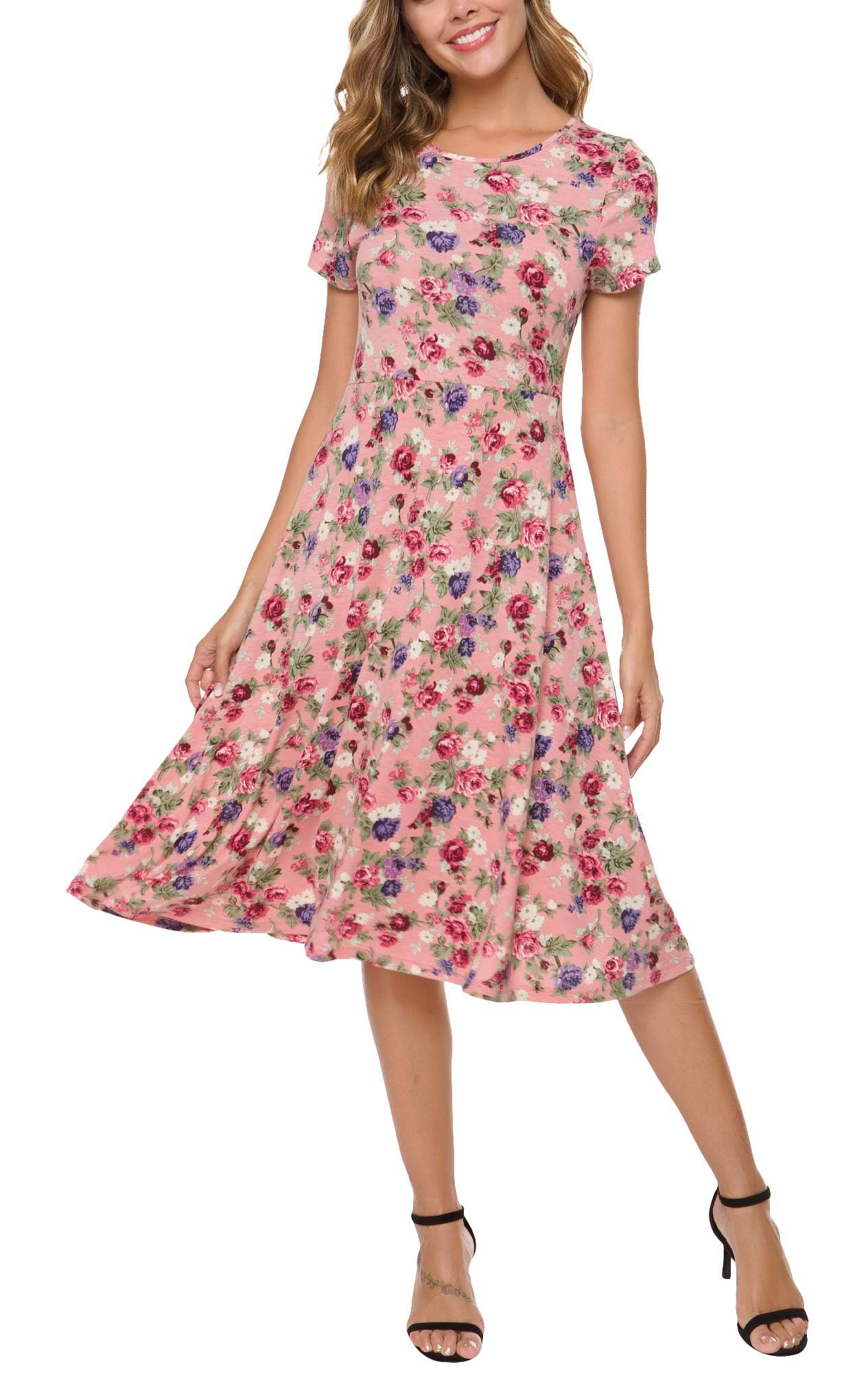 Urban CoCo Women's Vintage Short Sleeve High Waist Flared Midi Casual Summer Dress