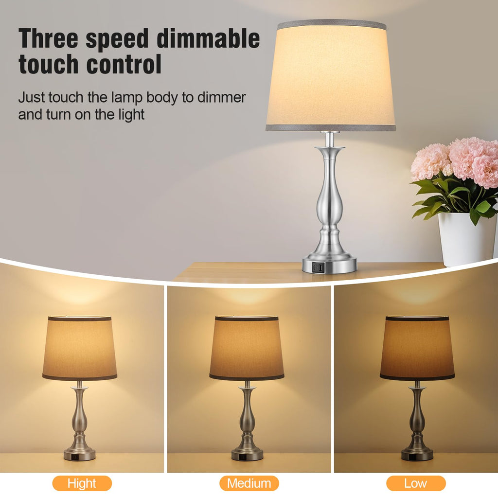 Bedside Table Lamp Touch Control Bedroom Lamps with USB A and C Charging Port 3 Way Dimmable Touch Lamps for Nightstand Living Room Bedroom Dorm Home Office Reading, Set of 2