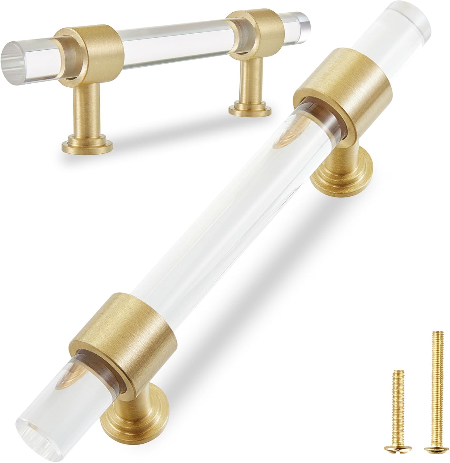 QOGRISUN 2-Pack Acrylic Cabinet Pulls with Brass Base, Gold Modern Drawer Handles, 3-inch Hole Center for Kitchen, Dresser Drawer Clear Glass Crystal Pulls, 5.1-inch Total Length