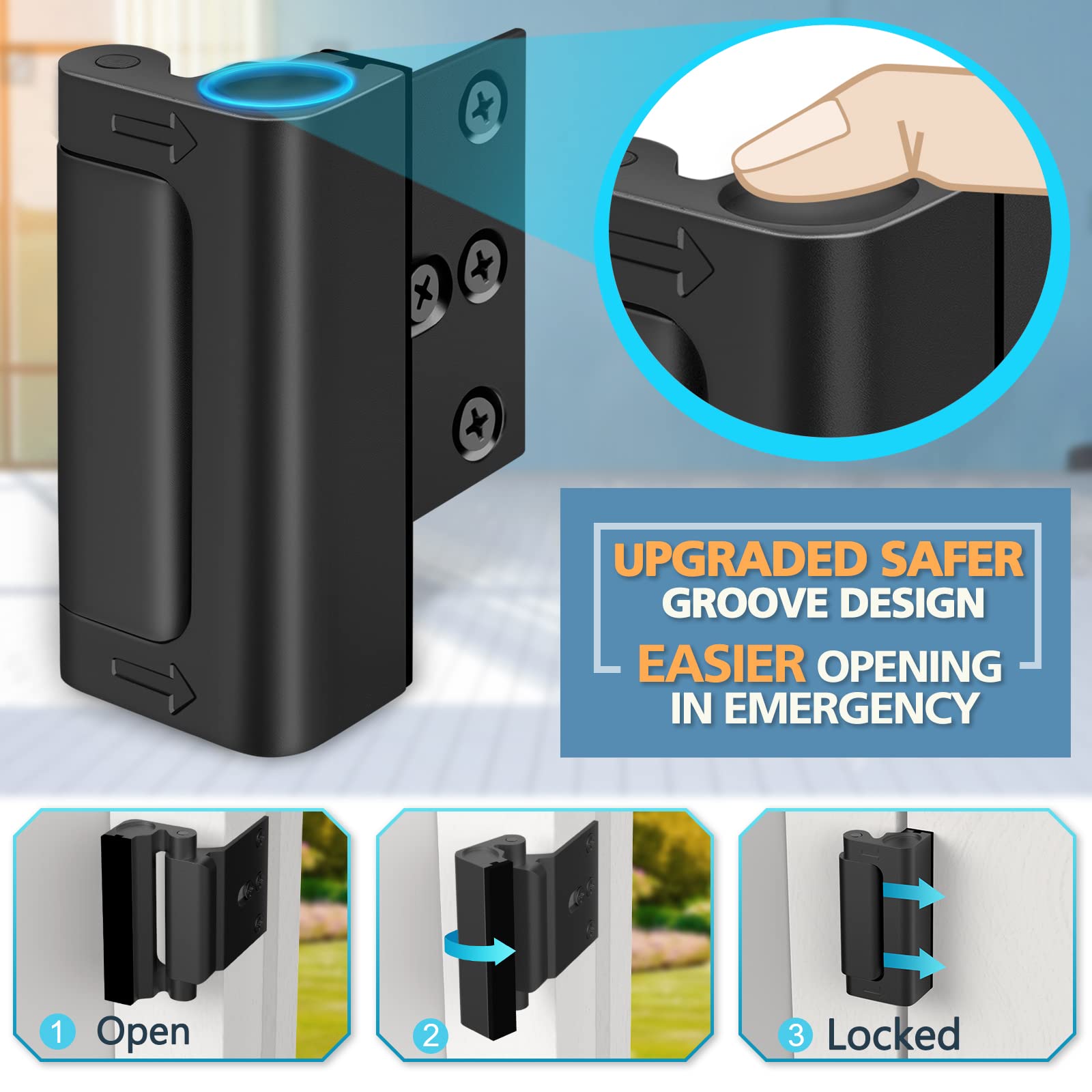 Home Security Door Reinforcement Lock, Child Proof Top Flip Latch for Inward Swinging Front Gate, Premium Safety Protection Guard Withstands 800 lbs, High Placement Metal Lockout Device