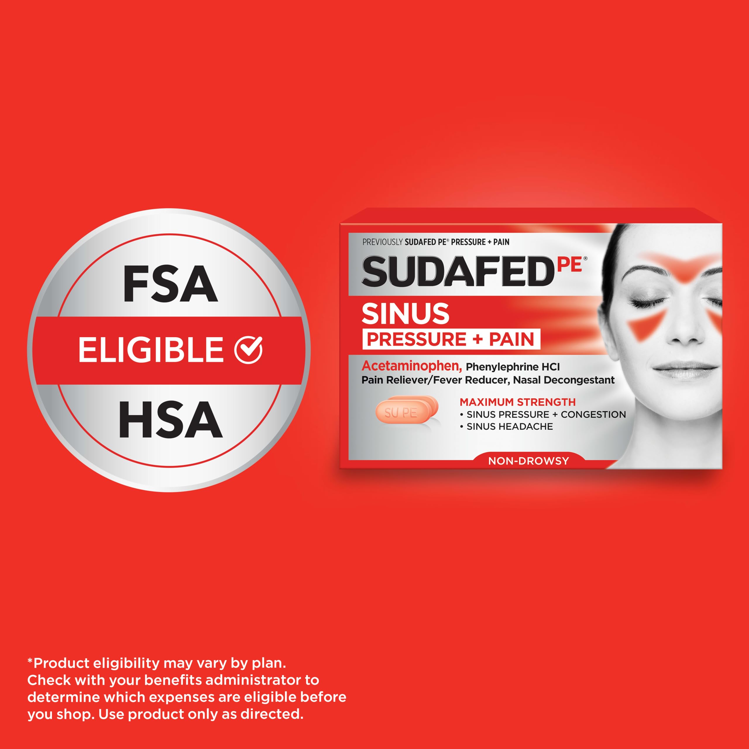 Sudafed, PE Sinus Congestion Relief Tablets, Maximum Strength, Non-Drowsy 10 mg Phenylephrine HCI Decongestant for Sinus Pressure and Nasal Congestion Relief from colds or Allergies, 18 Count