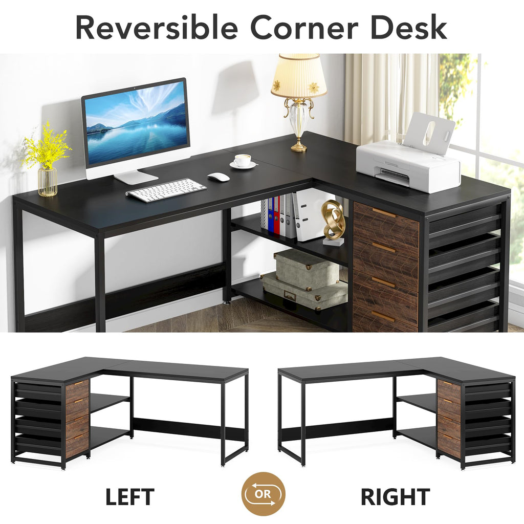 LITTLE TREE 59-Inch L Shaped Desk with Drawers, Large Computer Desk with Storage Shelves, Reversible L-Shaped Corner Desk Workstation for Home Office
