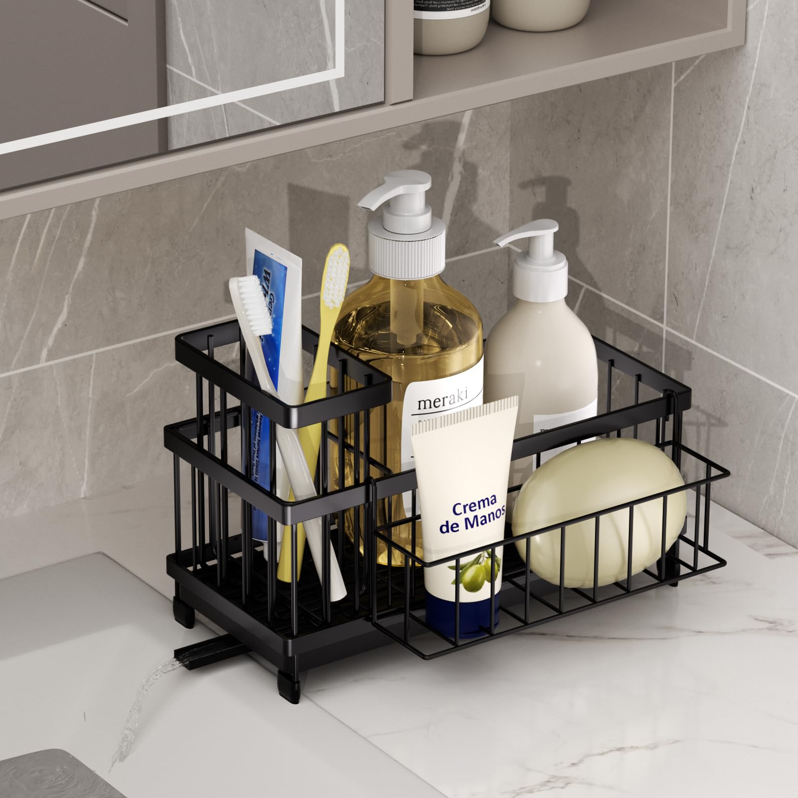 SWTYMIKI Sponge Holder for Kitchen Sink - Sink Caddy with Brush Holder Self-draining Sponge Caddy Organizer with Divider Stainless Steel Kitchen Accessories Storage for Countertop, Black