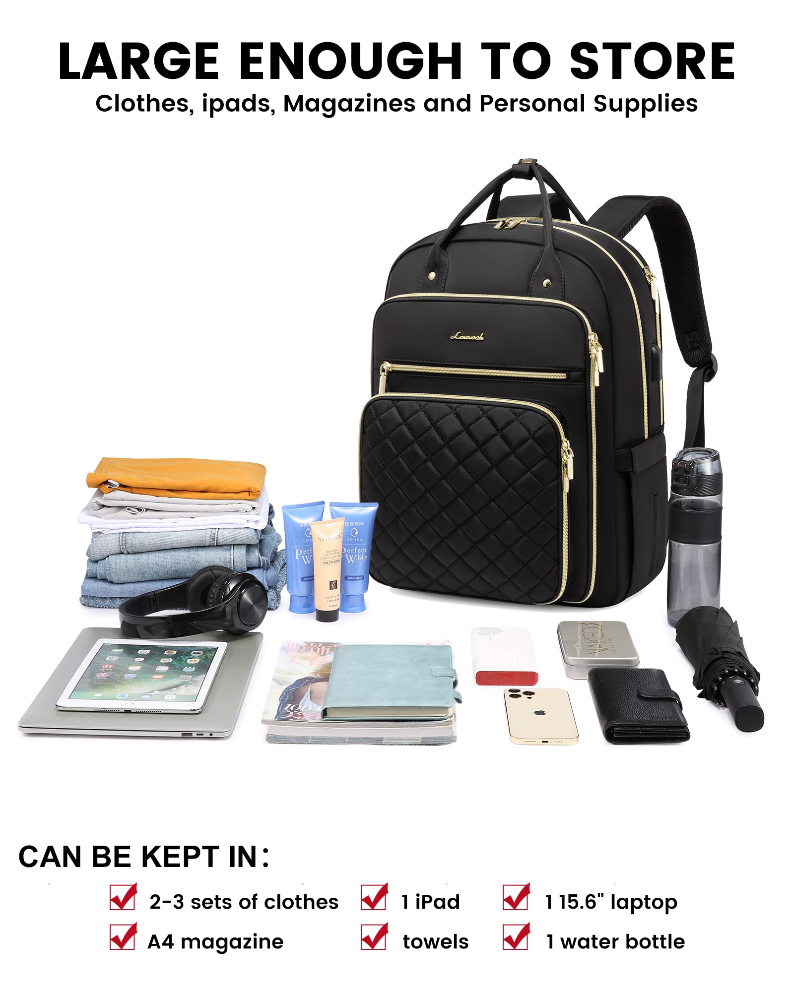 LOVEVOOK Laptop Backpack for Women, Water Resistant Travel Work Backpacks Purse College Business Teacher Nurse Computer bag with USB Charging Port