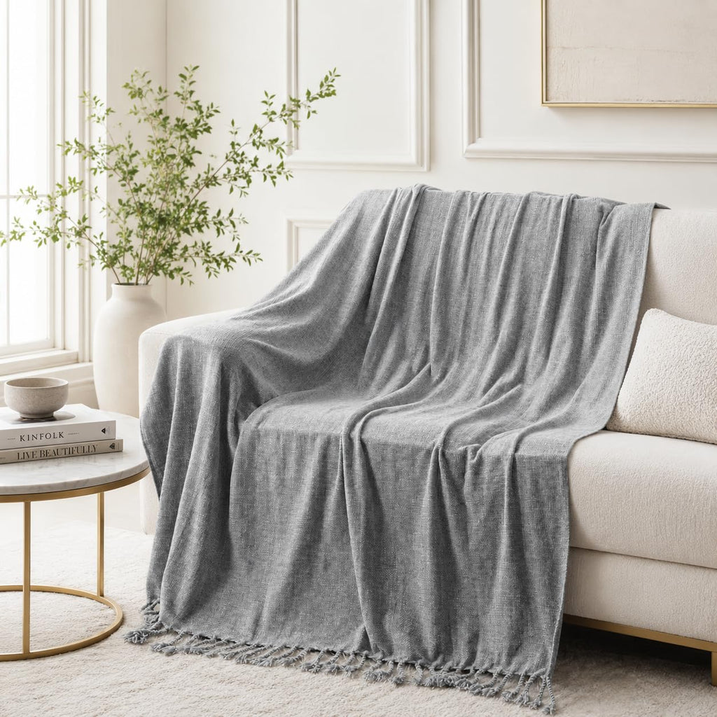 BATTILO HOME Beige Chenille Throw Blanket for Couch, Soft Cozy Textured Knit Throw Blanket with Handmade Fringe Tassels, Lightweight Decorative Farmhouse Blanket for Sofa Bed Chair, 50"x60"