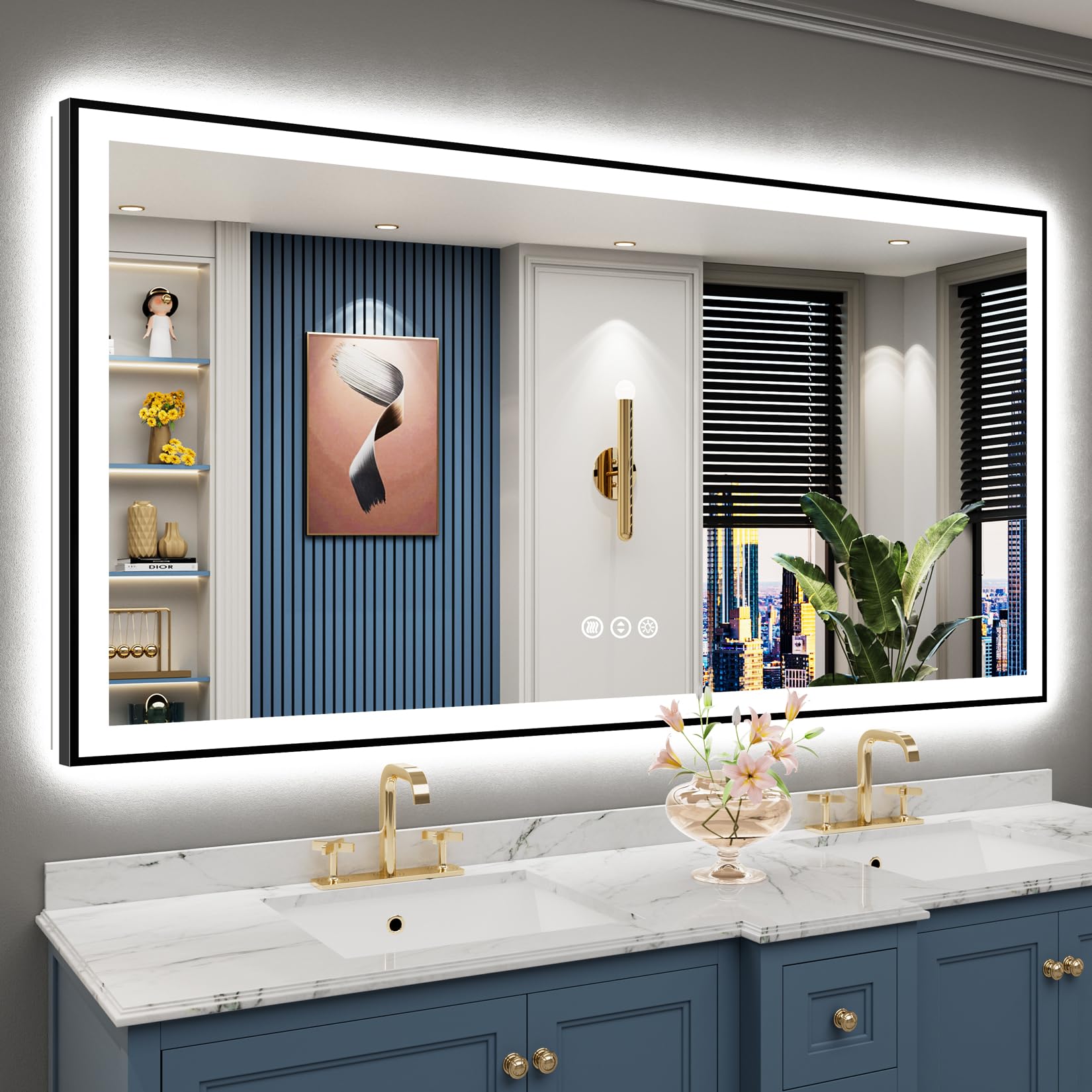 24x32 Black Framed LED Bathroom Mirror with Lights, Backlit and Front Lit Anti-Fog Lighted Vanity Mirrors for Bathroom Wall, Dimmable, 3 Colors, Memory, HD Tempered Glass, Horizontal/Vertical