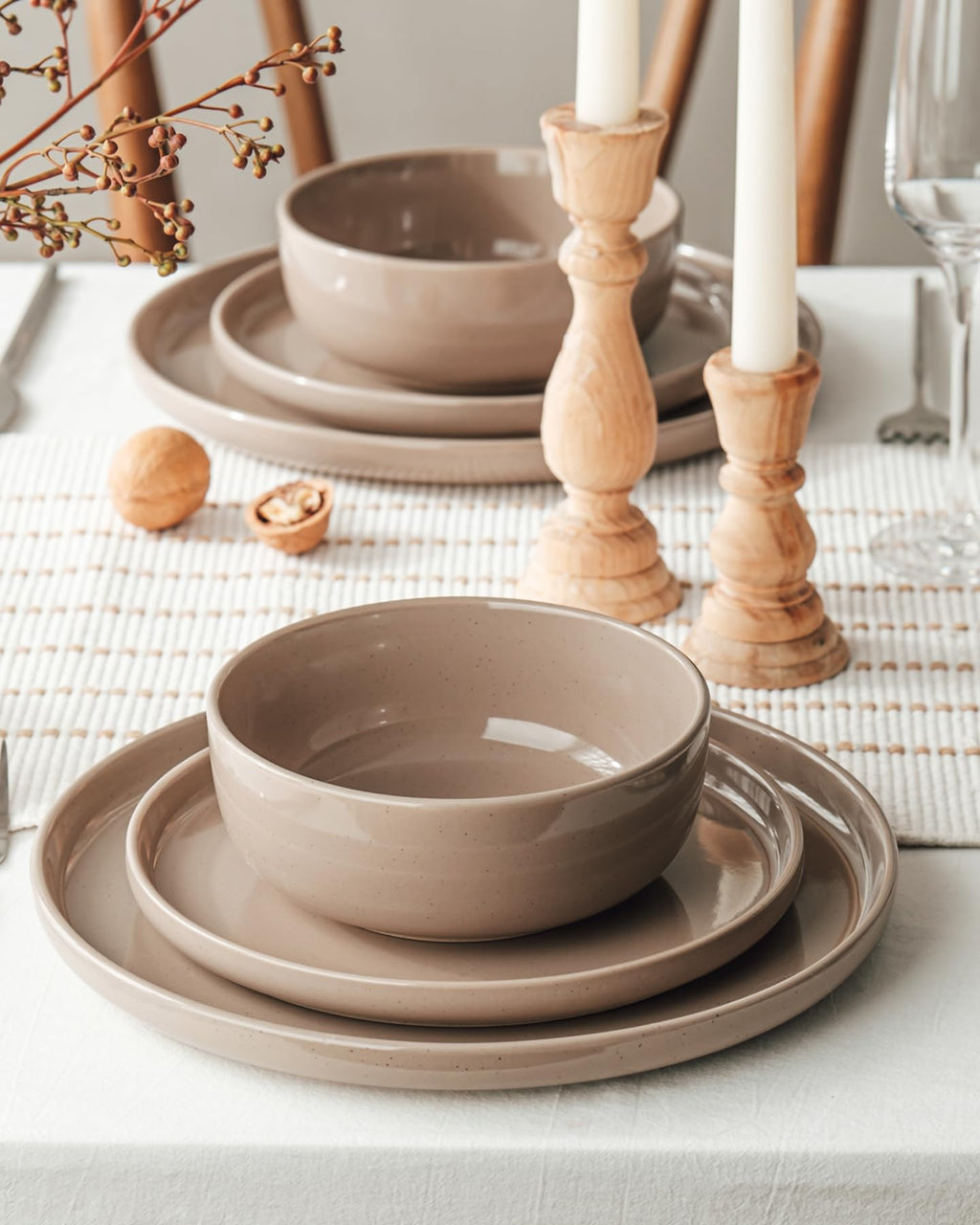Famiware Pluto Stoneware Dinnerware Sets, 12-Piece Double Reactive Glaze Plates and Bowls Sets, Dishware Sets for Everyday & Formal Dining, Irregular Edge Dishes, Service for 4, Matte Beige White