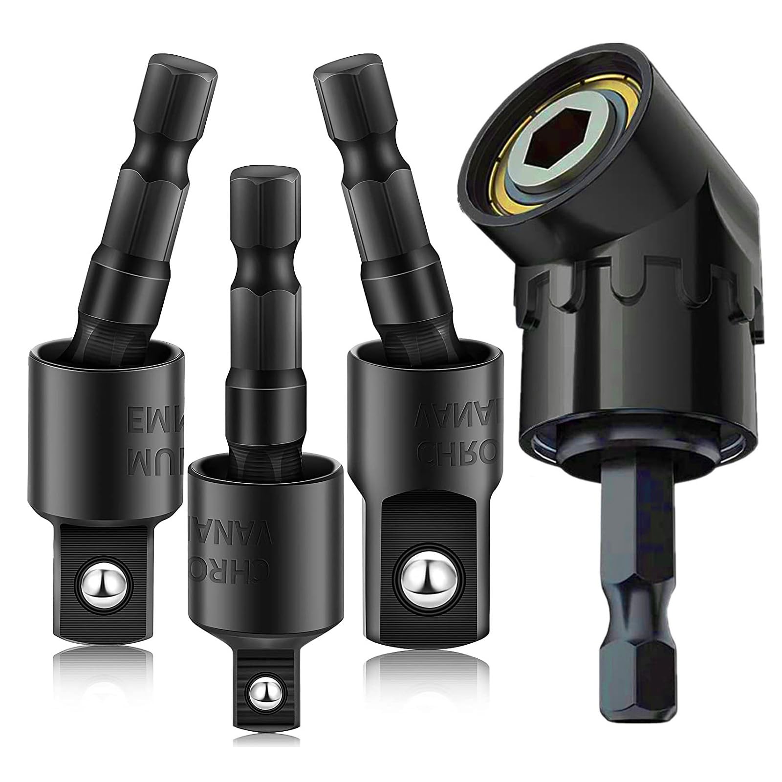 CIGOTU Impact Grade Power Hand Tools Driver Sockets Adapter Extension Set, 3Pcs 1/4 3/8 1/2" Hex Shank Drill Nut Driver Bit Set + 105 Degree Right Angle Driver Extension Screwdriver Drill Attachment