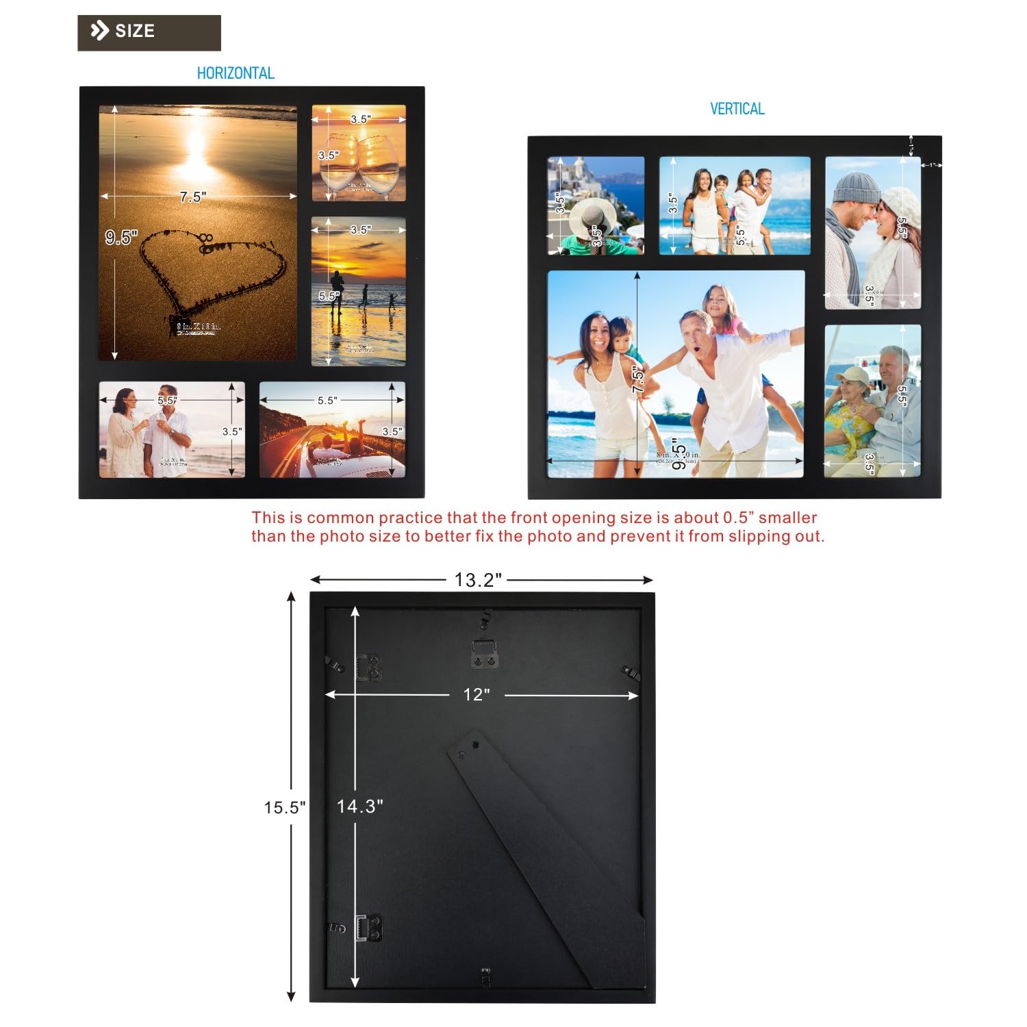 4x6 2-Opening Collage Frame Black Wood | Two 4x6 openings, shatter-resistant glass, tabletop & wall mount
