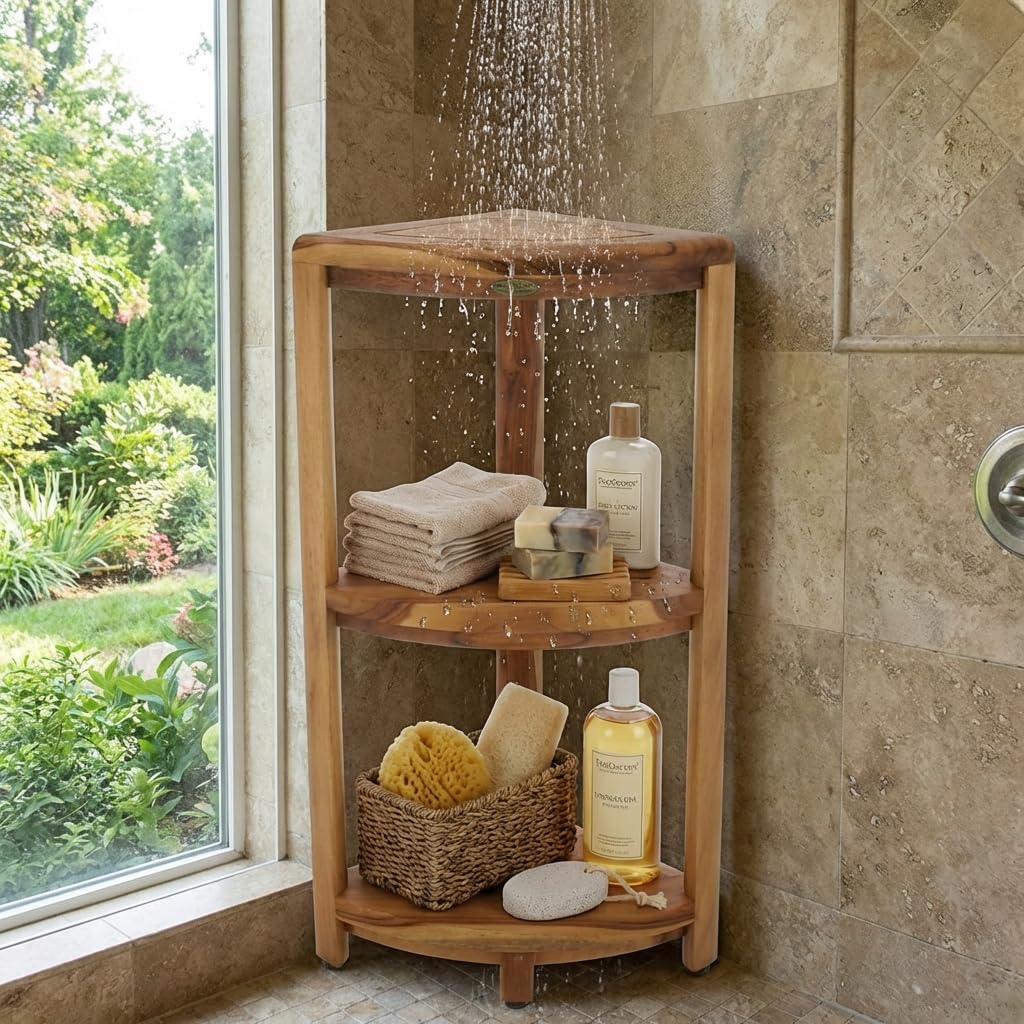 DecoTeak Teak Corner Shower Shelf – 2 Tier Waterproof Bathroom Storage Organizer Compact Wood Storage | Water-Resistant Design | Space Saver for Showers & Small Bathrooms | Shaving Foot Rest