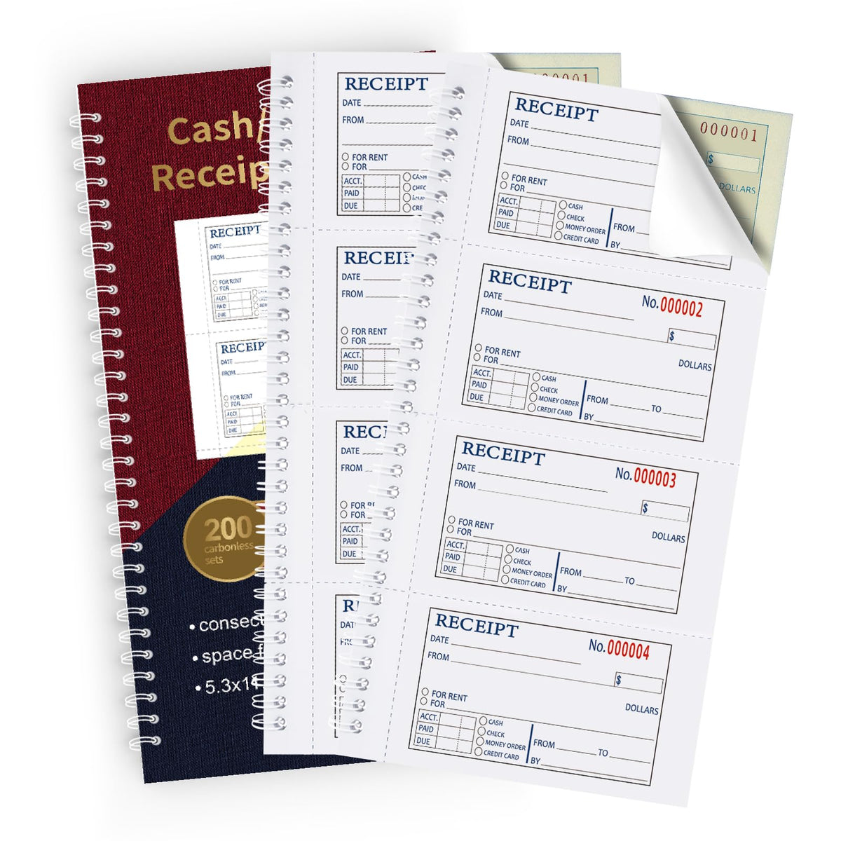Large Money and Rent Receipt Book with Cardboard Insert,2-Part Carbonless,7.9”x11.2” Spiral Bound,200 Sets per Book,4 Receipts per Page for Office Supplier,Rent and Cash Transaction