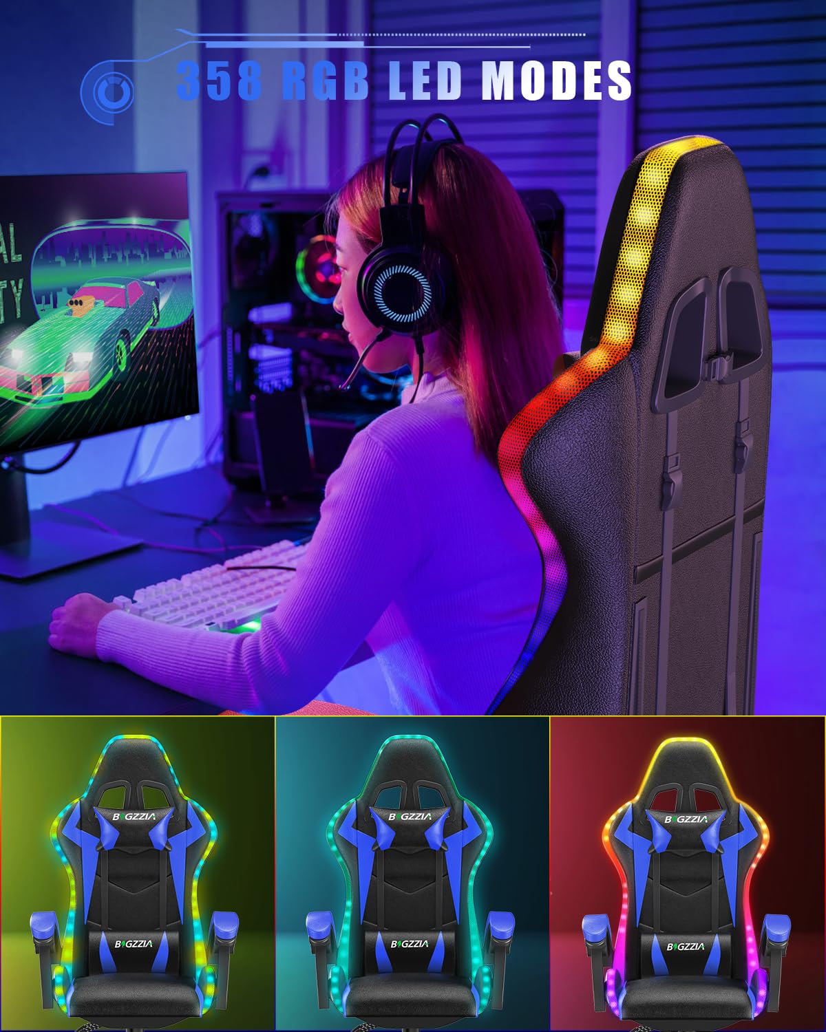 Bigzzia Gaming Chair with RGB LED Lights for Kids & Adults, High Back Ergonomic Computer Gamer Chair with Headrest and Lumbar Support, Racing Style Reclining Game Chair(Black)