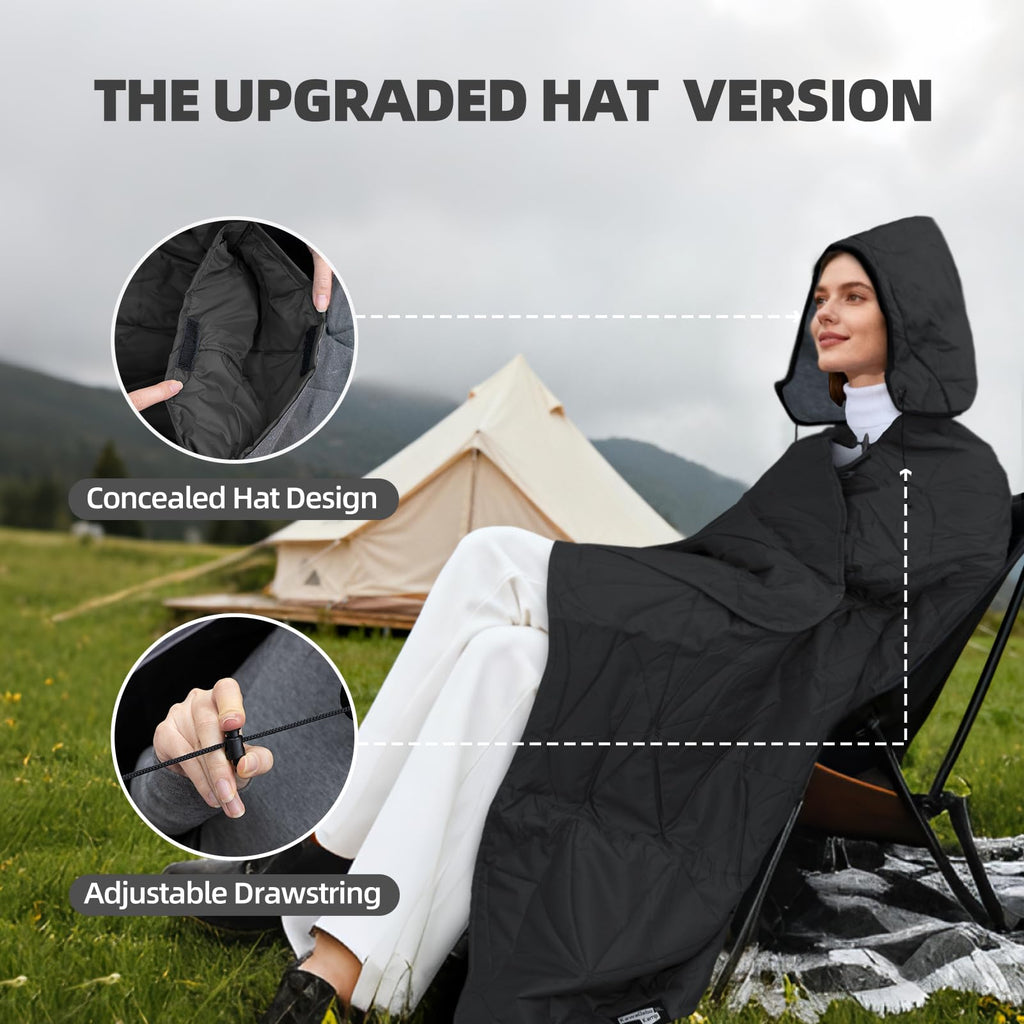 Large Outdoor Waterproof Blanket Extra Thick Fleece Stadium Blanket for Camping, Car, Pet, Picnics - Windproof, Wearable, Machine Washable 80" x 58" (Black Check)