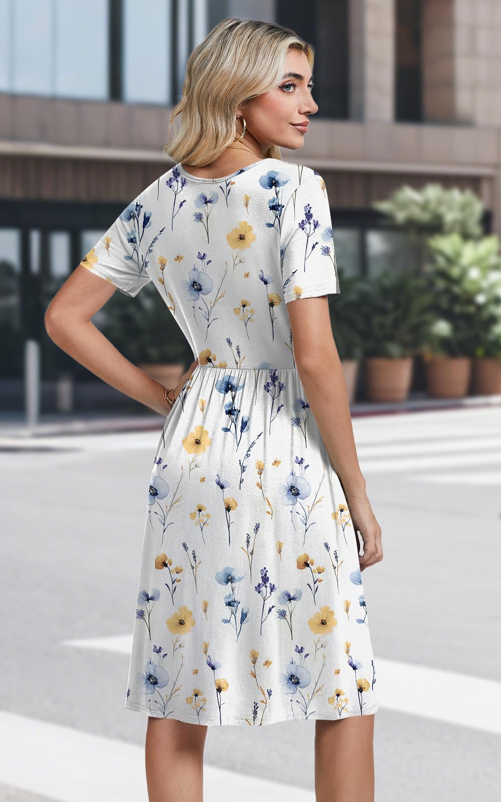 Womens Short Sleeve Empire Waist Dresses Casual Summer Dress with Pockets