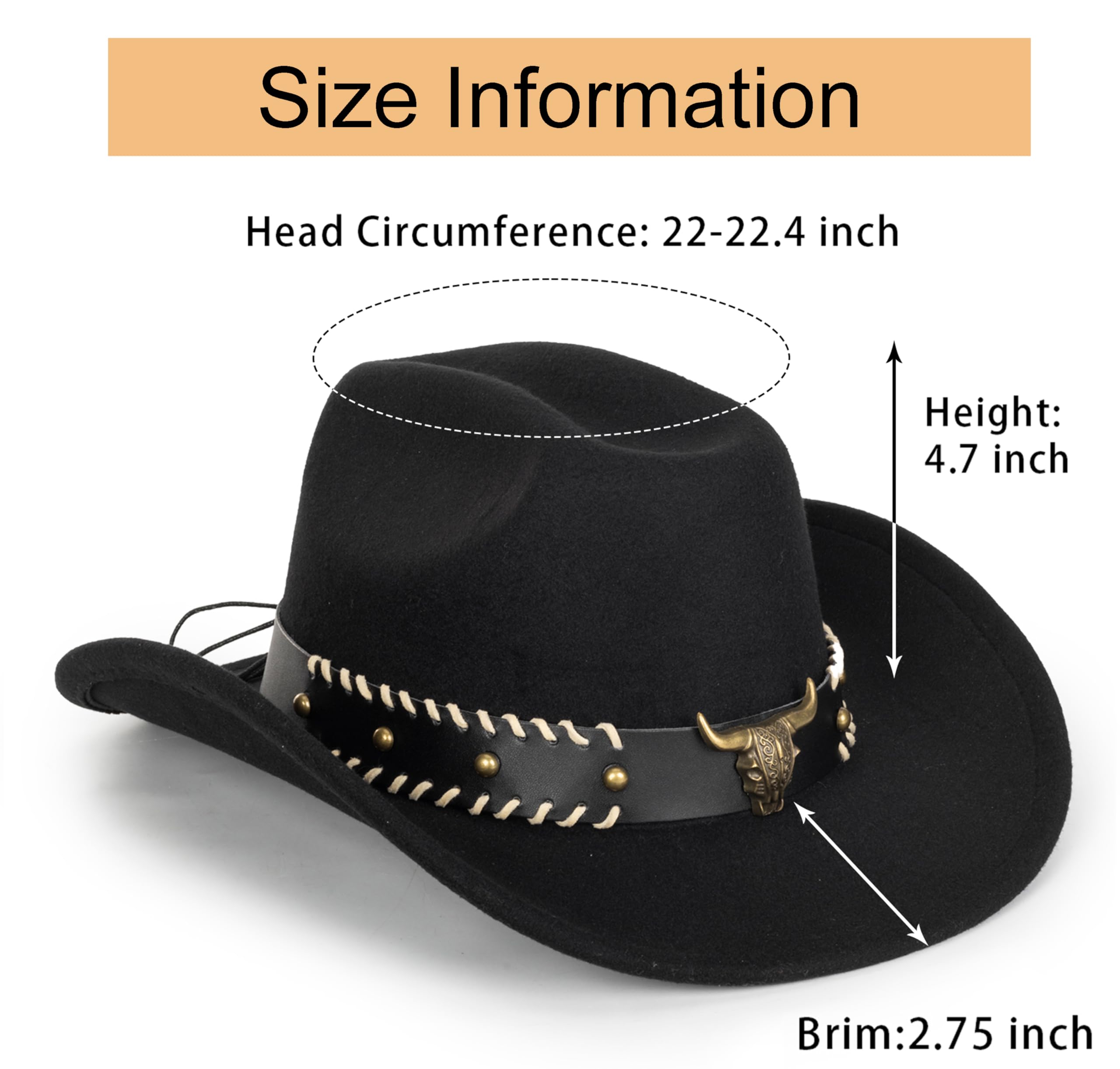 Eohak Womens Western Cowboy Hats Studded Pinched Western Cowgirl Hats Wide Brim Fedoras Hat with Belt Buckle (Size:Medium)