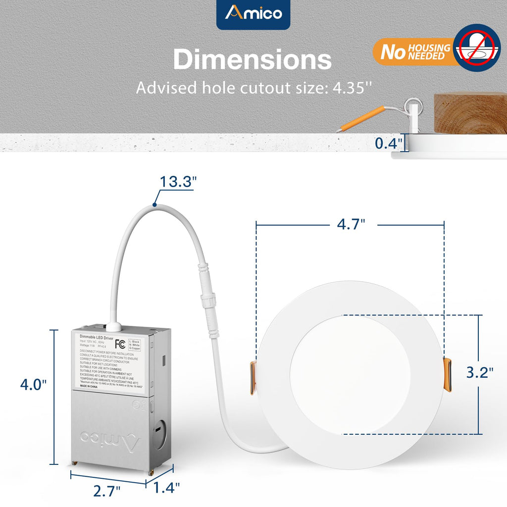 Amico 6 Pack 3 Inch 5CCT Ultra-Thin LED Recessed Ceiling Light with Junction Box, 2700K/3000K/3500K/4000K/5000K Selectable, 7W Eqv 60W 500LM Brightness Dimmable Canless Wafer Downlight, ETL