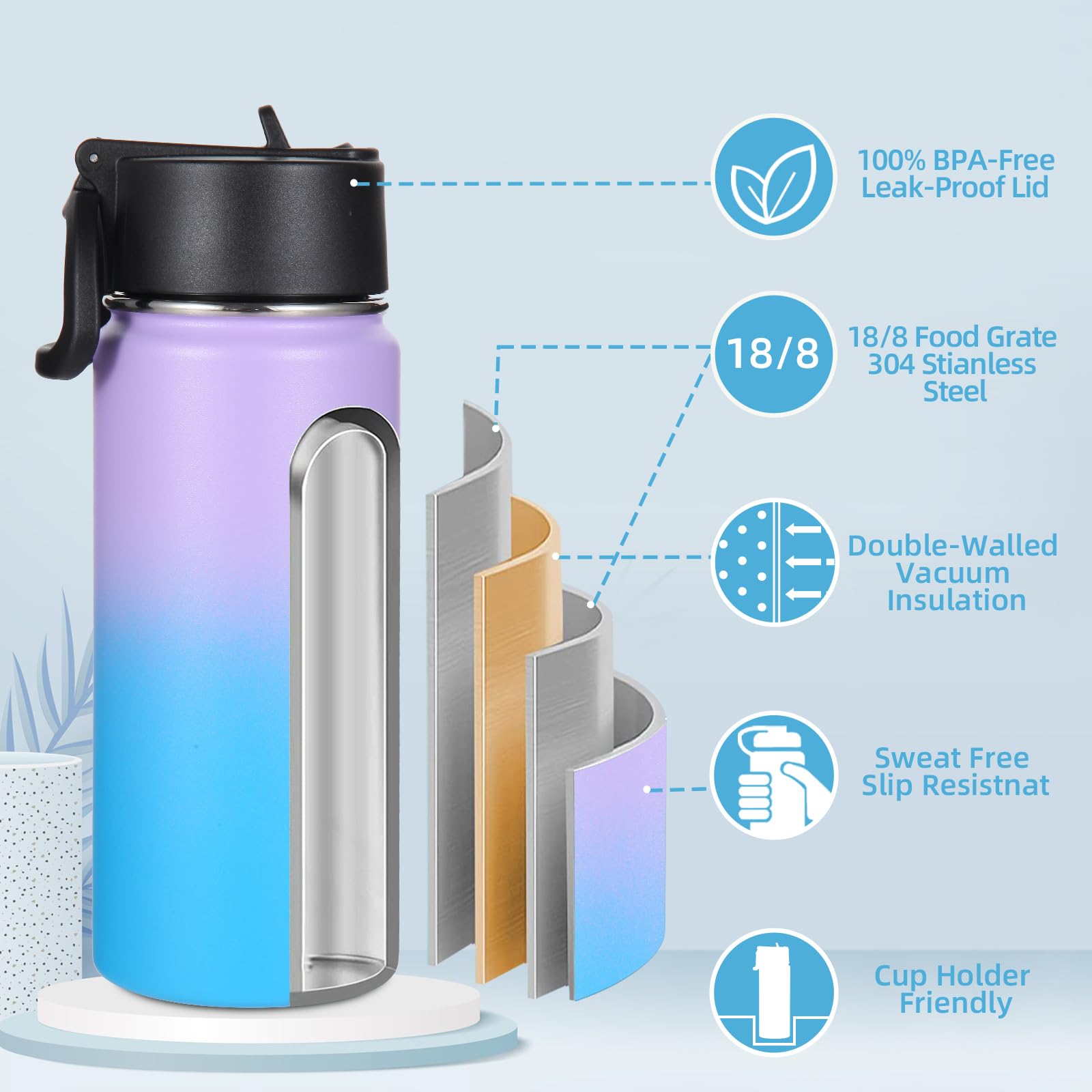 Volhoply Kids Insulated Water Bottle with Straw,16oz Stainless Steel Cold Water Bottles for School,BPA-Free Metal Wide Mouth Cups with Handle Lid,Reusable Double Wall Vacuum Sport Flask(Black,1)