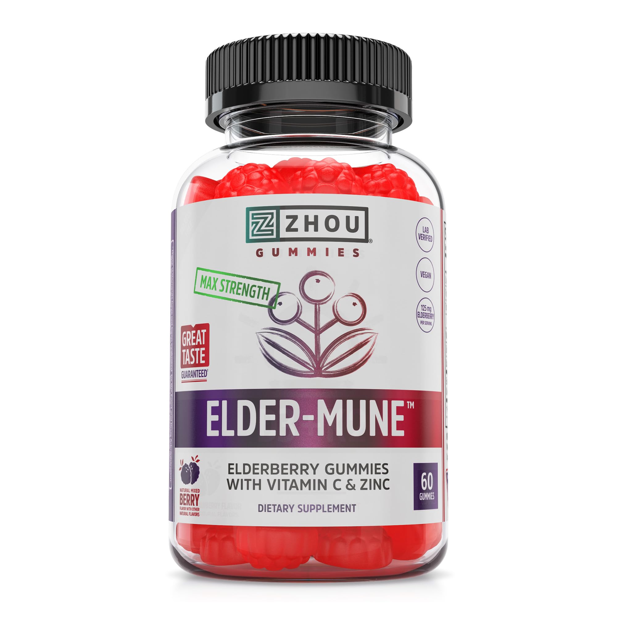 Zhou Elder-Mune Elderberry Gummies with Vitamin C and Zinc - Daily Immune Support Supplement for Women & Men, Chewable Natural Black Elderberry for Adults & Children 4 & Up - 60 Gummies