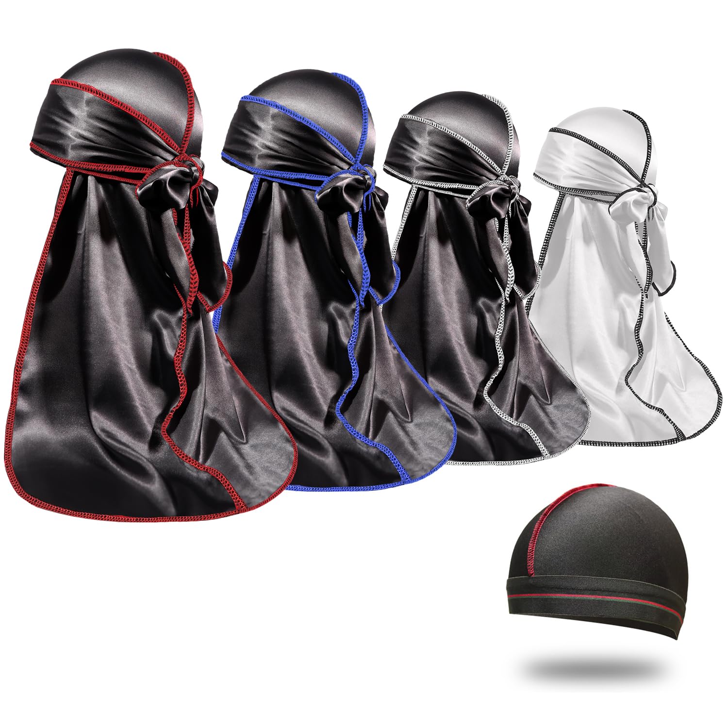 4PCS Silky Durags for Men Women 360 Waves with 1 Wave Cap, Silky Satin Durag Extra Long Tails