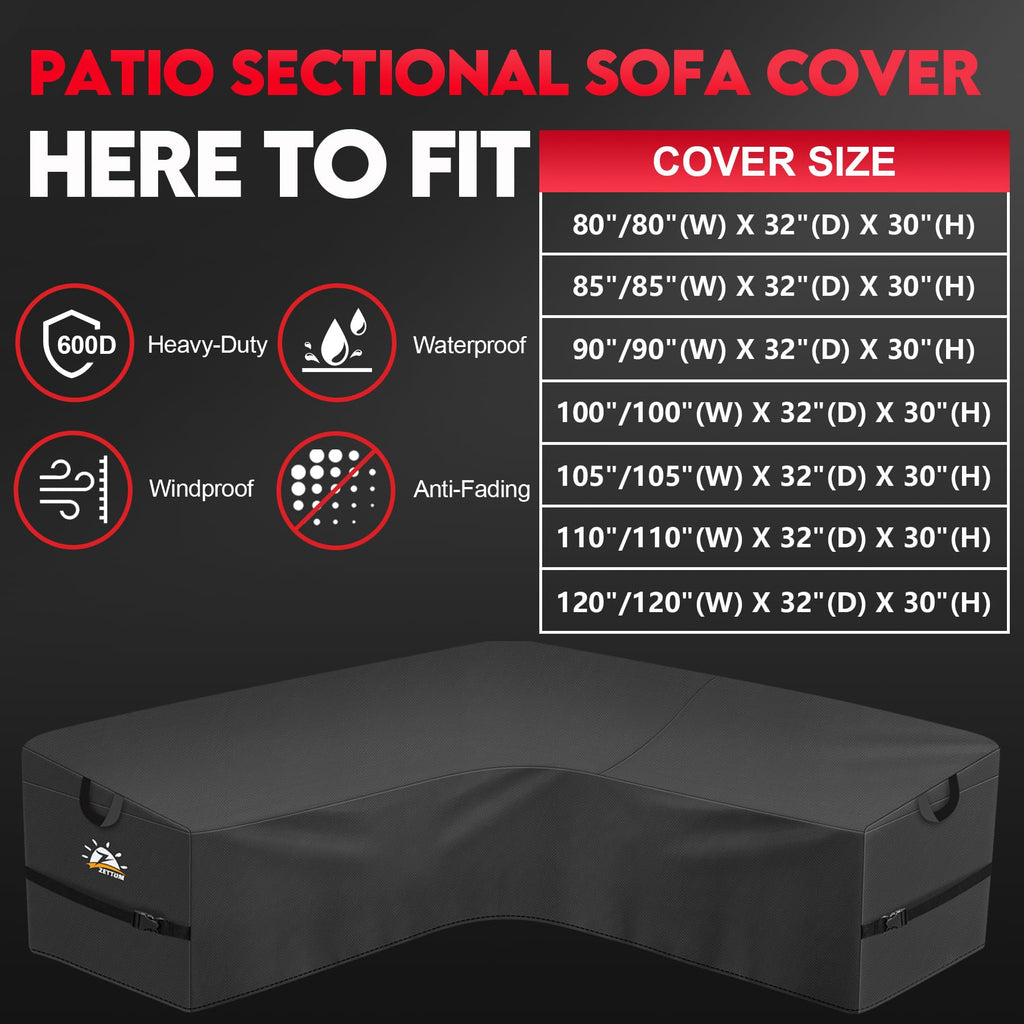 Zettum Outdoor L-Shaped Sectional Cover - 600D Patio Sectional Sofa Cover, Waterproof Patio Furniture Covers for 4-Seater Outdoor Sectional Sofa and Couch, Left Facing, 58x85 Inch Wide