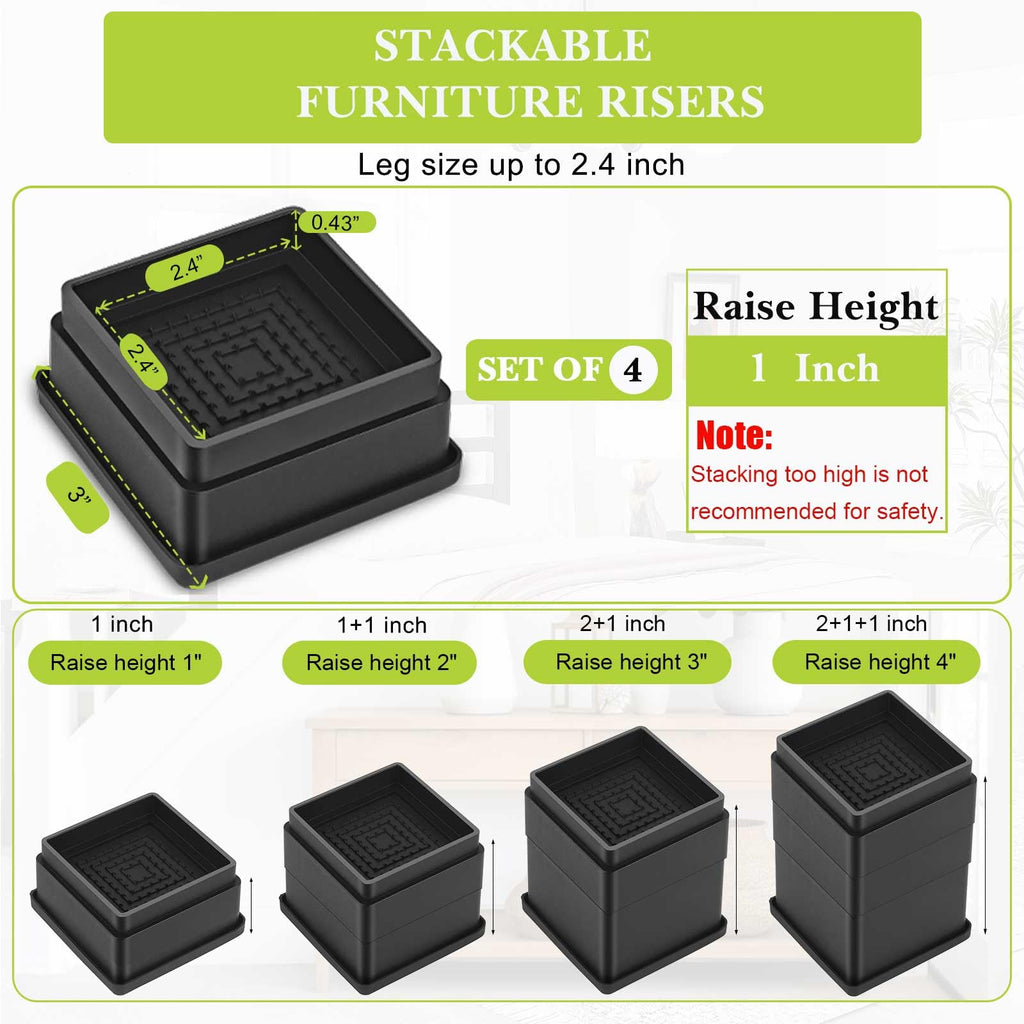 12 Pack Furniture Risers 1 Inch, Adjustable Bed Risers Heavy Duty for Table Desk Couch Chair Sofa Cabinet Bed Frame Dorm, Square Stackable Table Leg Risers Lift Height 1", 2" or 3", Black
