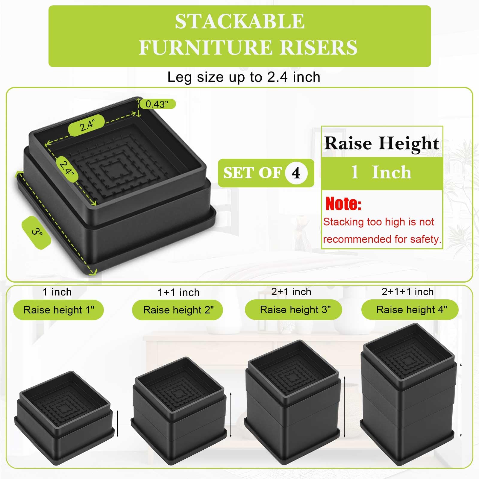 12 Pack Furniture Risers 1 Inch, Adjustable Bed Risers Heavy Duty for Table Desk Couch Chair Sofa Cabinet Bed Frame Dorm, Square Stackable Table Leg Risers Lift Height 1", 2" or 3", Black