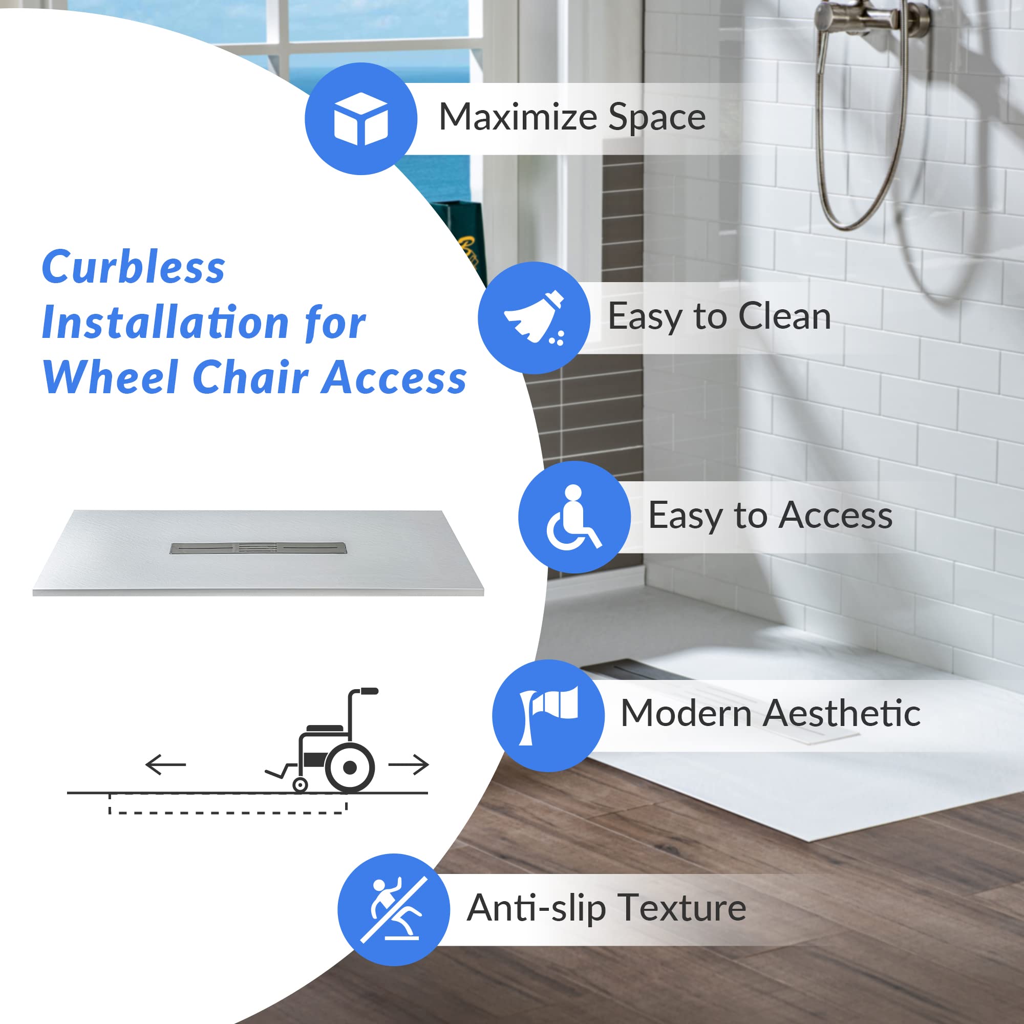 WOODBRIDGE 47.25 in L x 31.5 in W Zero Threshold Shower Base with Center Drain, Decorative Drain Plate, Tile Flange, Wheelchair Access, Low Profile, Black