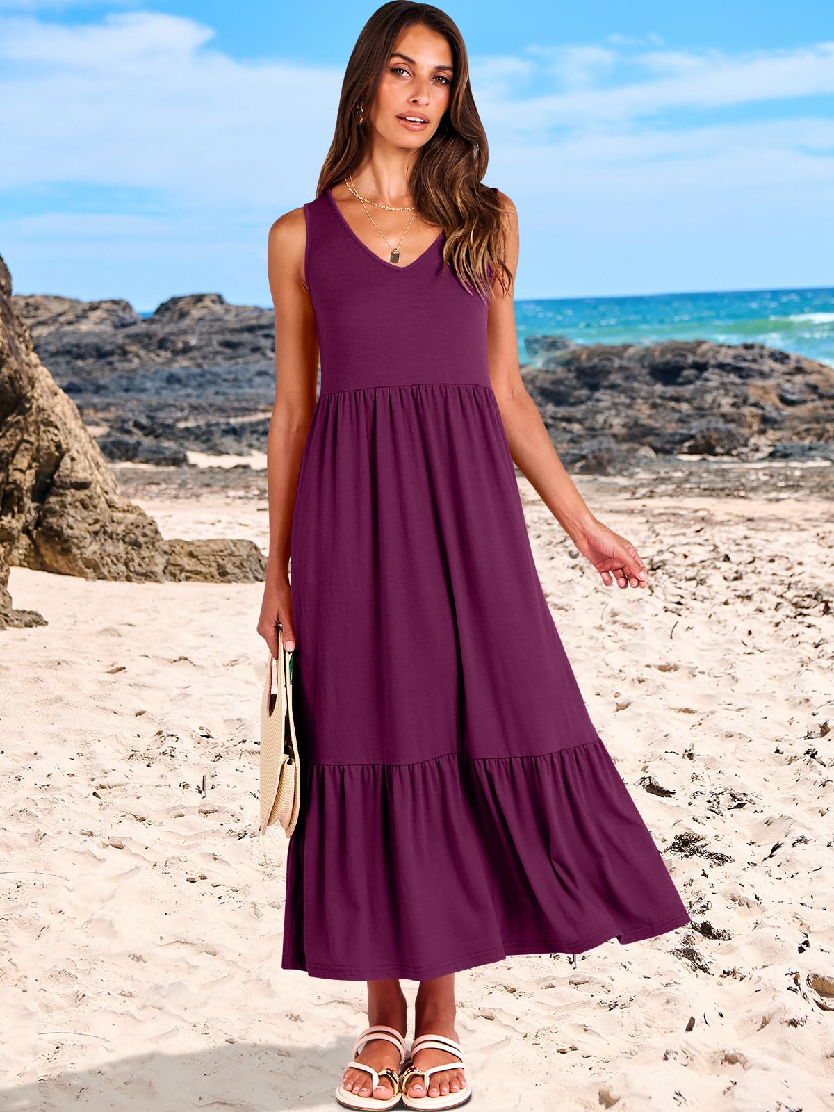 ANRABESS Women Summer Maxi Dresses A-line Tiered Flowy V Neck Sleeveless Swing 2026 Casual Beach Travel Sundress with Pockets