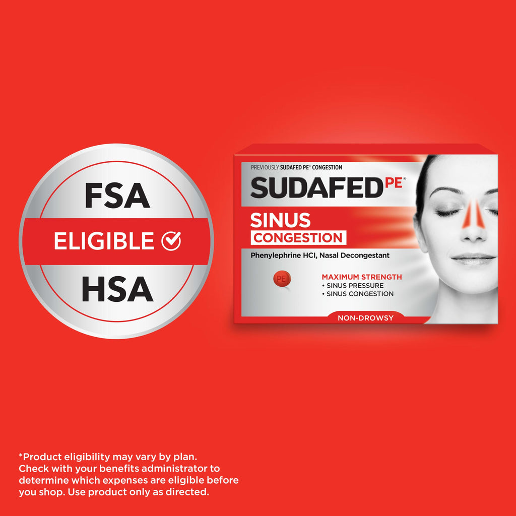 Sudafed, PE Sinus Congestion Relief Tablets, Maximum Strength, Non-Drowsy 10 mg Phenylephrine HCI Decongestant for Sinus Pressure and Nasal Congestion Relief from colds or Allergies, 18 Count