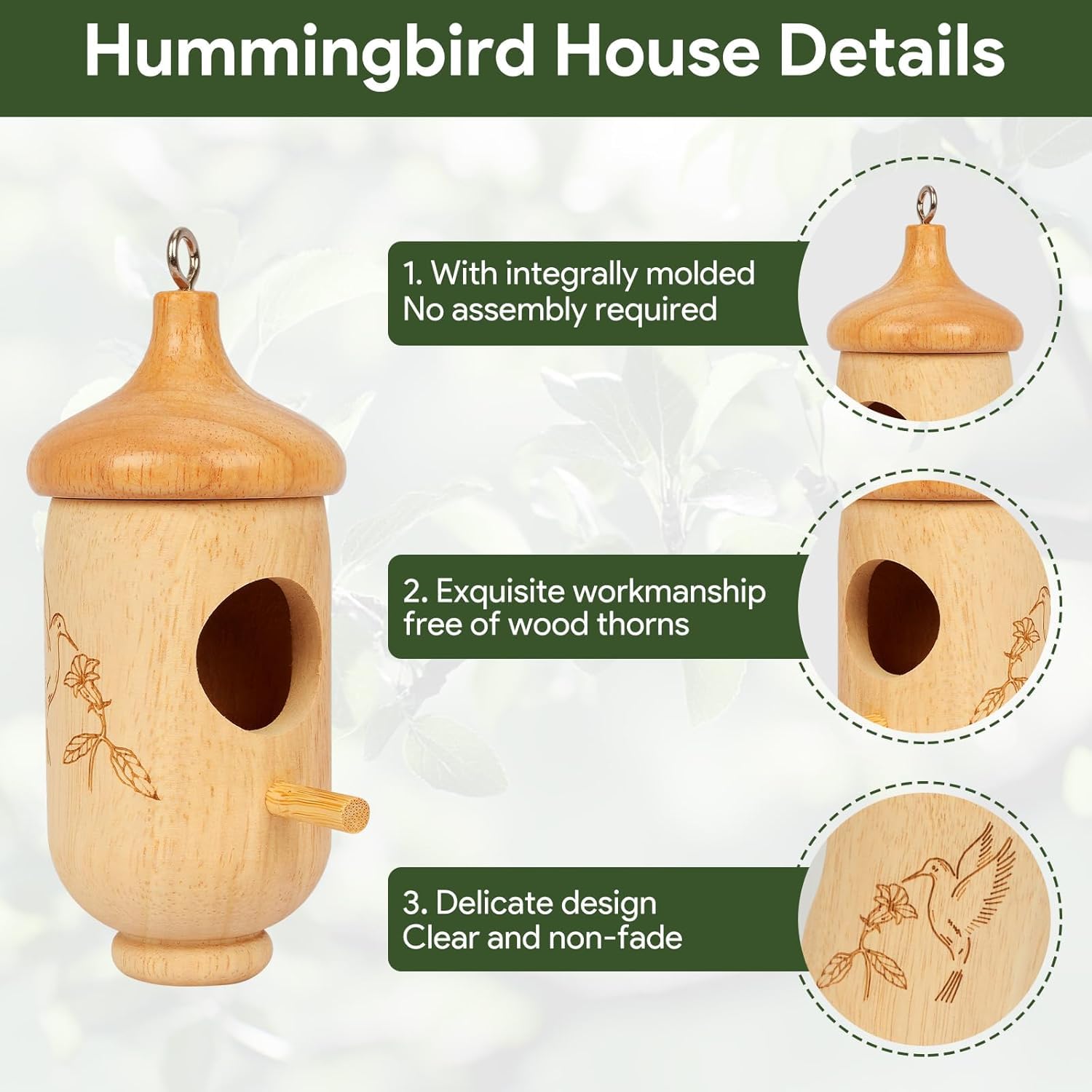 Hummingbird House, Small Hummingbird Houses for Outside, Wooden Bird House with Bow, String, Cute Gardening Gifts Home Decoration
