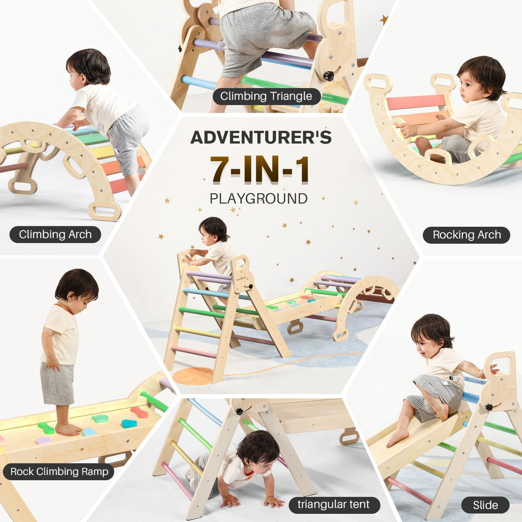 BlueWood Pikler Triangle Set with Safe Handle, Foldable 7-in-1 Montessori Toddler Climbing Toys Indoor, Wooden Pickler Climbing Set, Baby Jungle Gym & Playground, Climbing Toys for 1-3 Year, Colorful