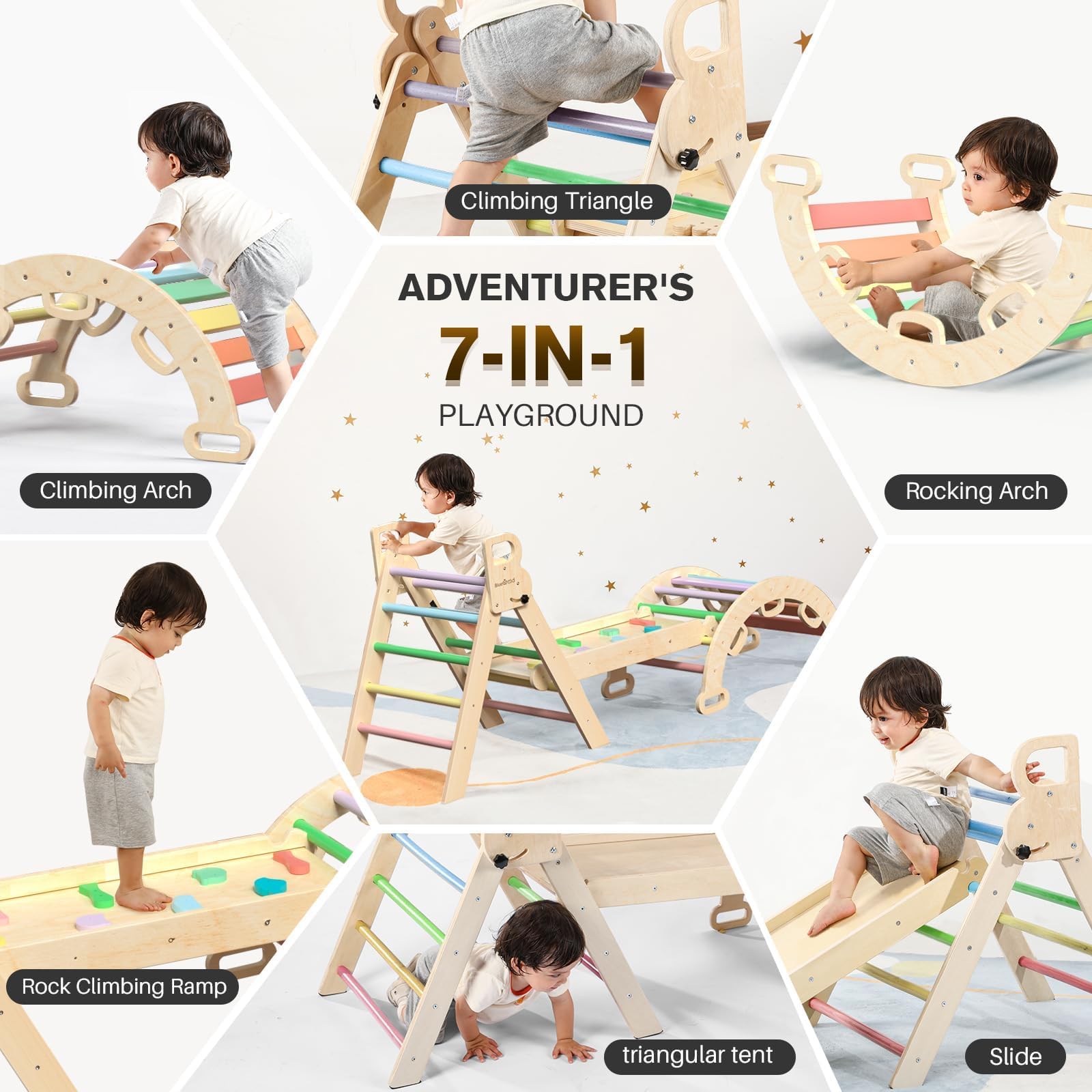 BlueWood Pikler Triangle Set with Safe Handle, Foldable 7-in-1 Montessori Toddler Climbing Toys Indoor, Wooden Pickler Climbing Set, Baby Jungle Gym & Playground, Climbing Toys for 1-3 Year, Colorful