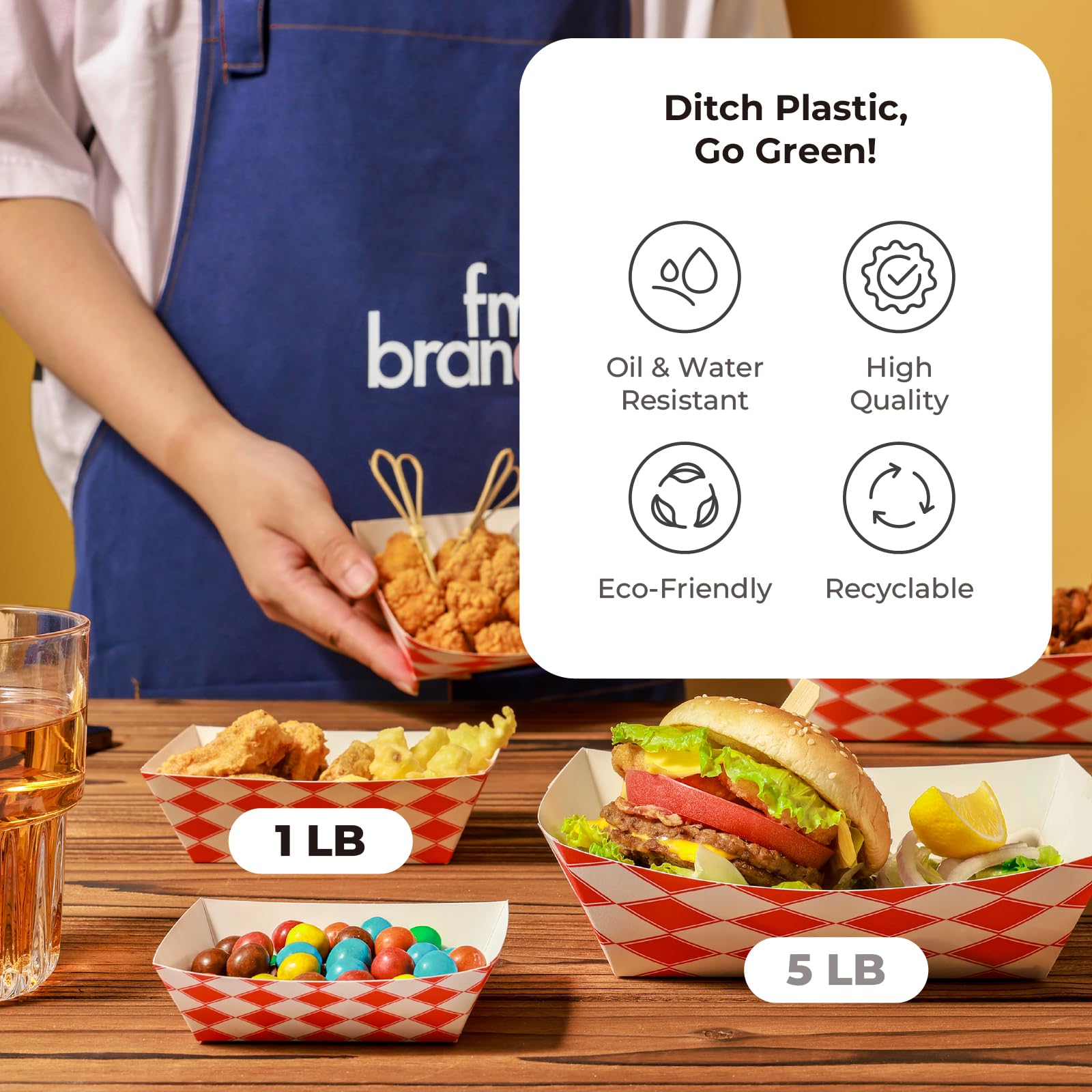 Fit Meal Prep [250 Pack 0.25 lb Paper Food Boats Heavy Duty Disposable Food Trays, Red Check Nacho Tray for Parties Fairs Picnics Carnivals, Holds Ketchup Cheese Sauce Pickles