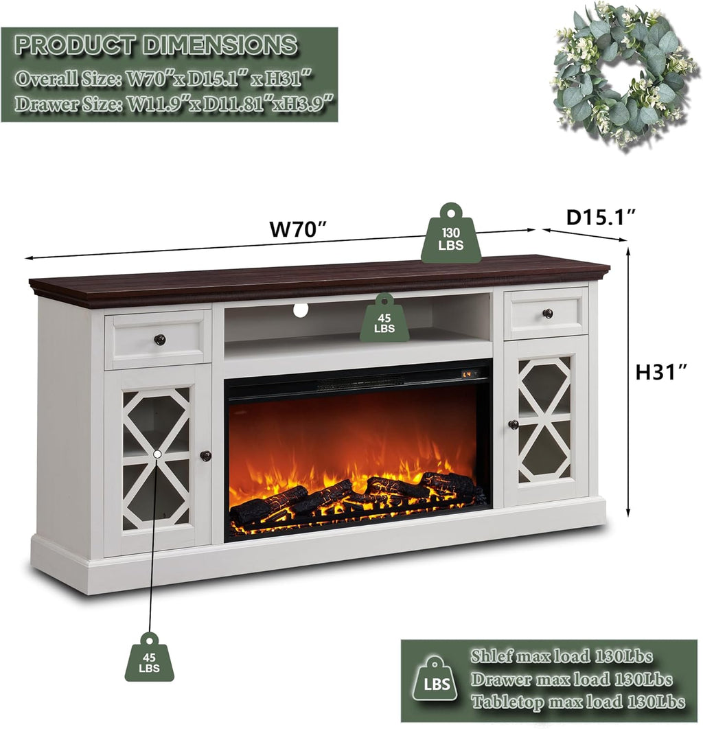 Farmhouse Fireplace TV Stand with 36" Electric Fireplace for 80 Inch TVs, 31" Tall Entertainment Center w/Drawer & Diamond Panel Door, Highboy Media Console for Living Room, 70inch, White