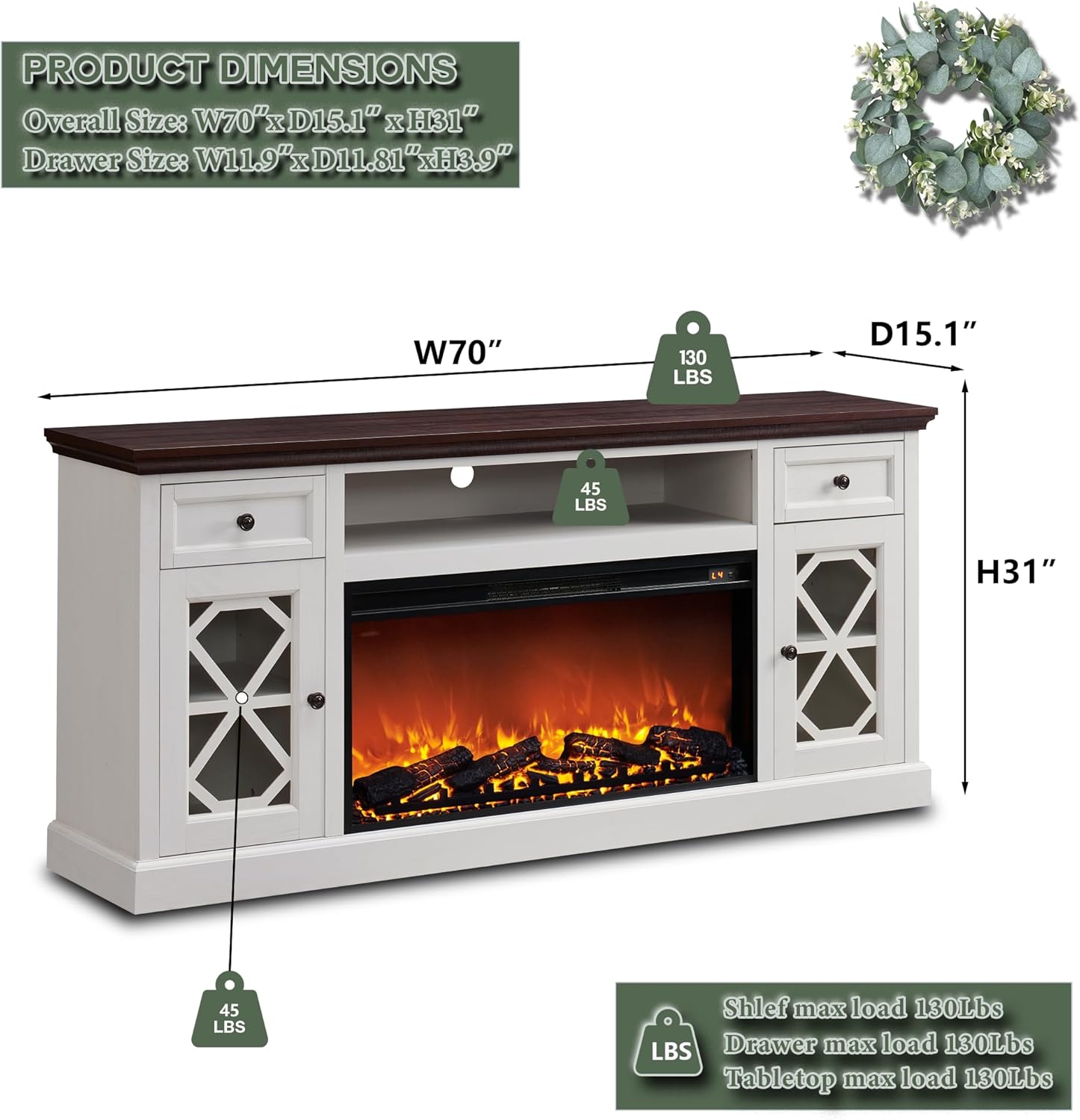 Farmhouse Fireplace TV Stand with 36" Electric Fireplace for 80 Inch TVs, 31" Tall Entertainment Center w/Drawer & Diamond Panel Door, Highboy Media Console for Living Room, 70inch, White