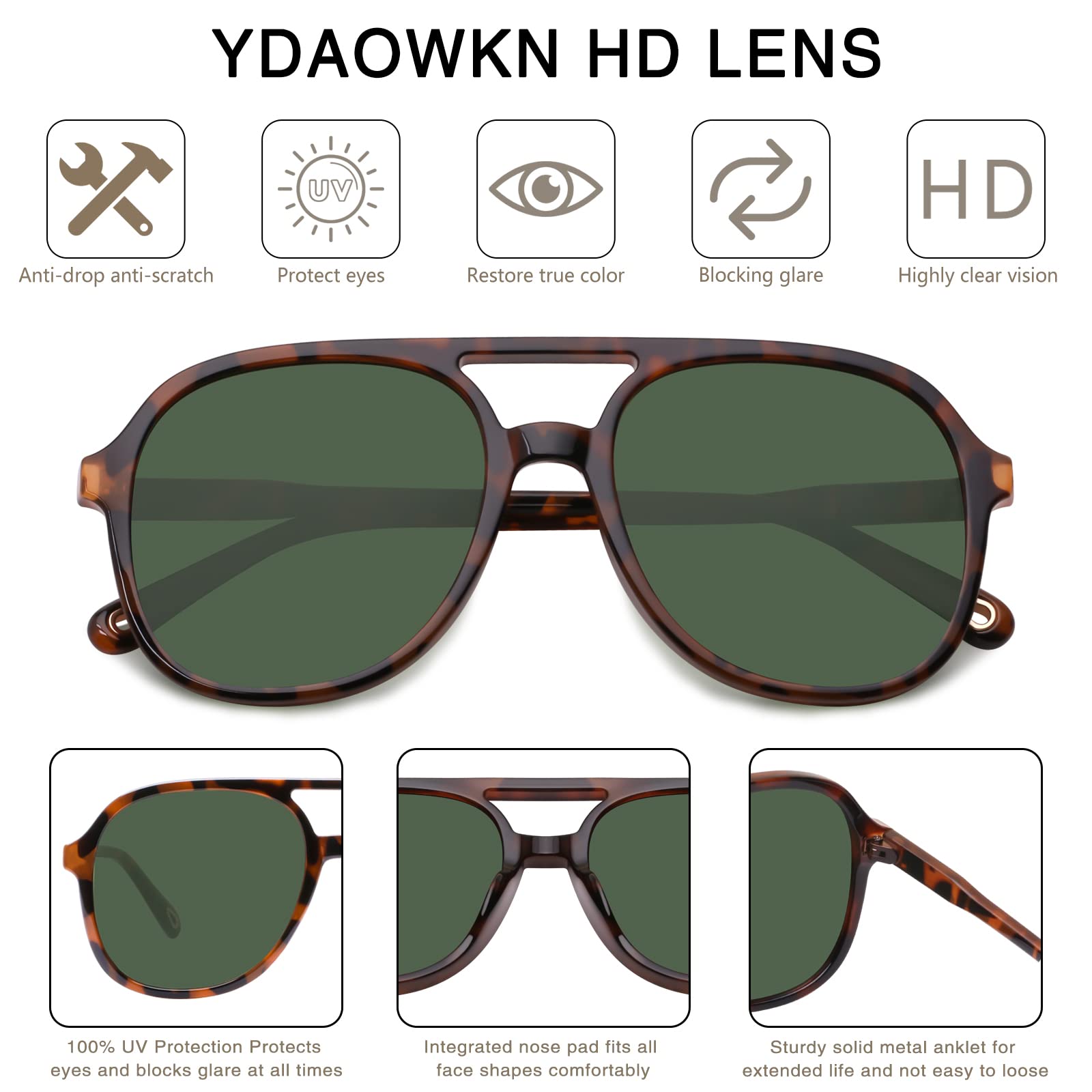 YDAOWKN Retro Square Aviator Sunglasses for Womens Mens Vintage 70s Double Bridge Sun Glasses