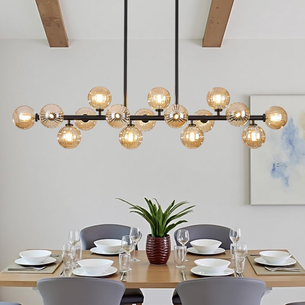 Modern Linear Chandeliers for Dining Room, 8-Light Globe Sputnik Pendant Ceiling Light, Black Dining Room Light Fixture Over Table, Mid Century Glass Milk White Bubble, 31.5 Inch, GC-09